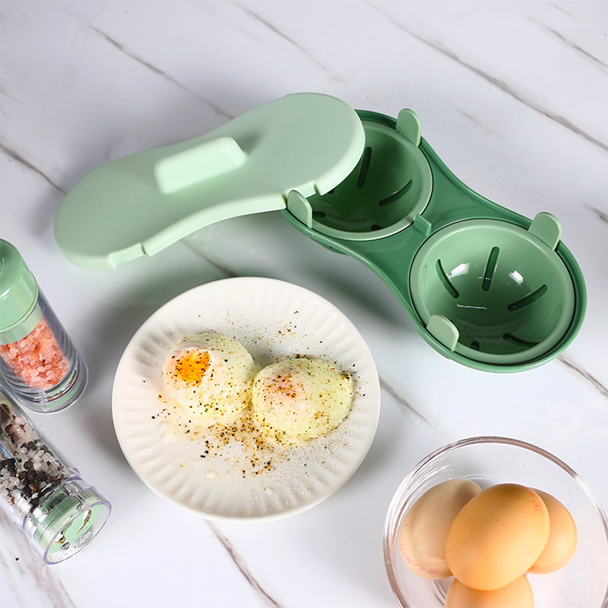 2 Cavity Microwave Egg Cooker - Double Row Poached Egg Maker for Quick Breakfast - Light Blue Kitchen Cooking Gadget - Perfect for Home, Office & Camping Meals