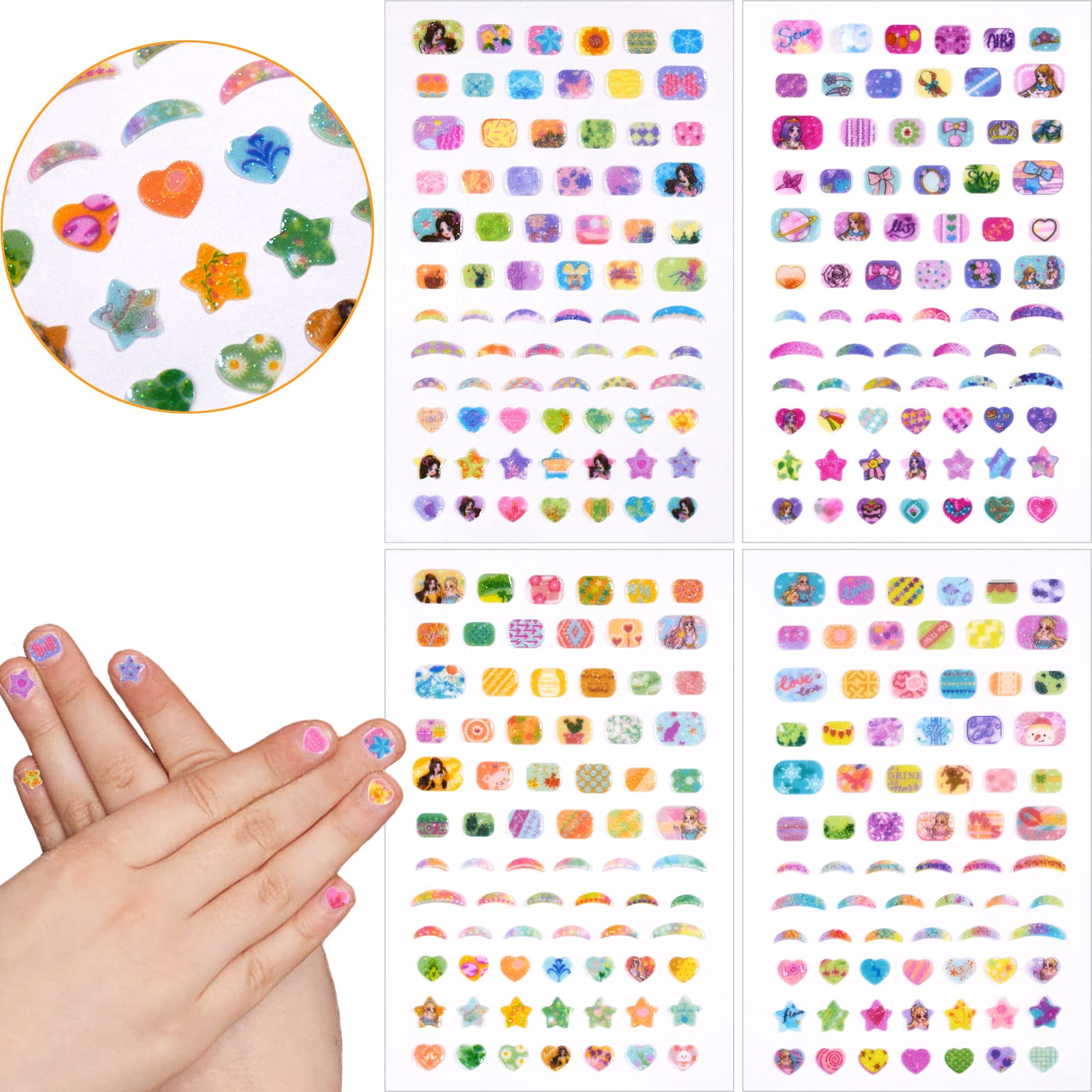 Glitter Mini Stickers for Girls - Cute Self-Adhesive Nail Art Decals, Kids Toy & Craft Decorations (4 Sheets) - Perfect for DIY Nails, Scrapbooking & Party Favors