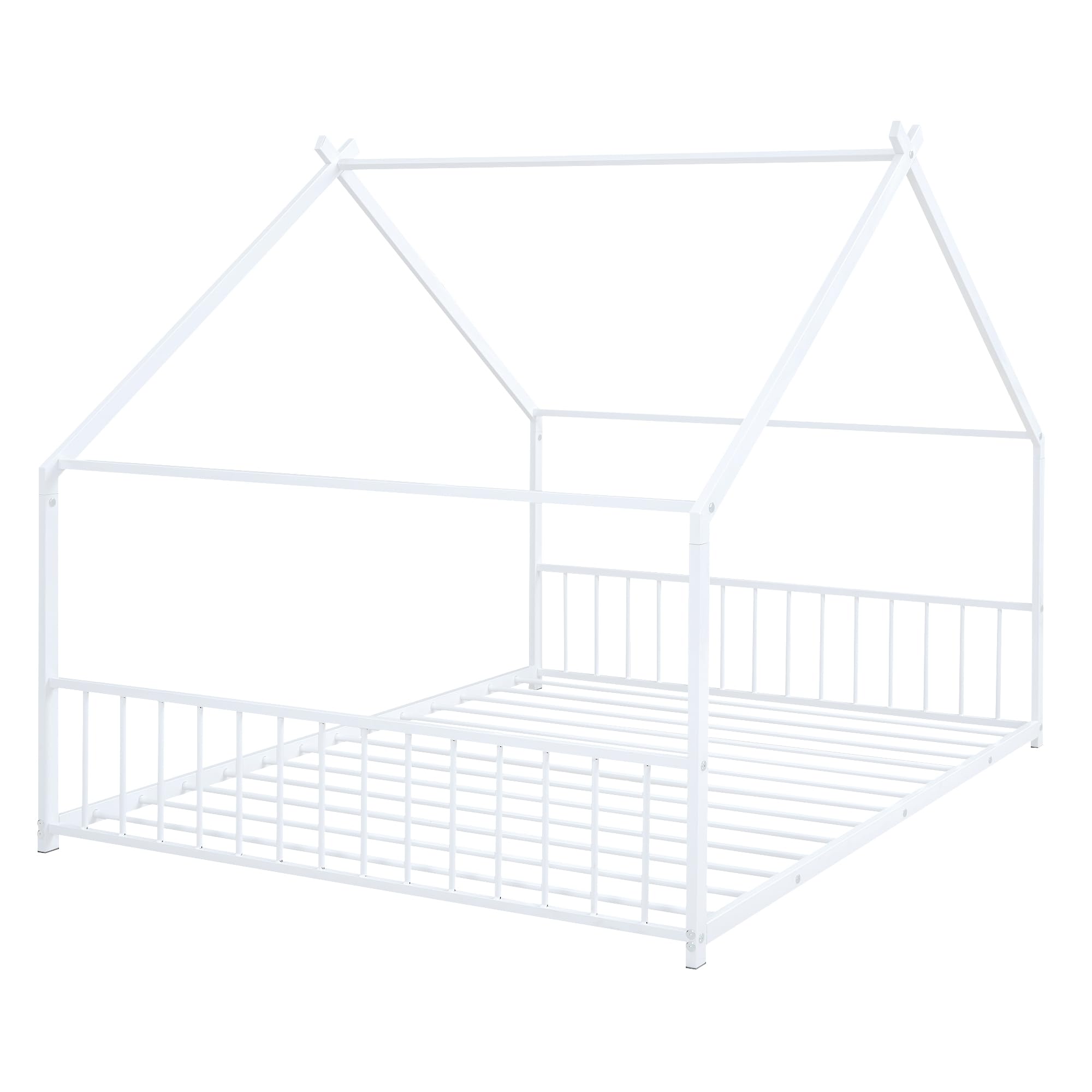 Montessori Metal Floor Bed Frame - Full Size House Bed with Headboard & Slats, Sturdy Kids Bed for Boys & Girls, White - Perfect for Montessori Bedrooms & Child-Friendly Spaces