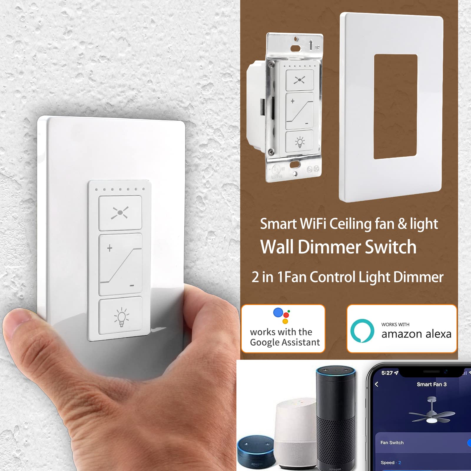 Smart Ceiling Fan Control & Dimmer Light Switch - Wi-Fi Enabled Single Pole Wall Switch - Works with Alexa & Google Home - Perfect for Living Room, Bedroom & Smart Home Automation