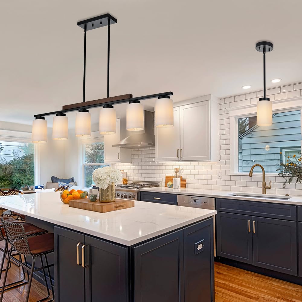 6-Lights Farmhouse Chandelier - Modern Black Wood Frame with Opal White Glass Shades, E26 Bulb Base - Perfect for Dining Room, Kitchen Island & Living Room Lighting | Rustic Home Decor, Country Style Interior Design