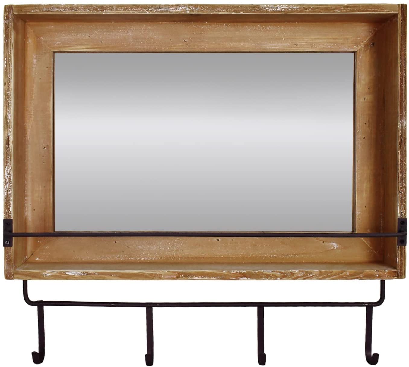 Rustic Brown Farmhouse Wall Mirror with Hooks - 23.6
