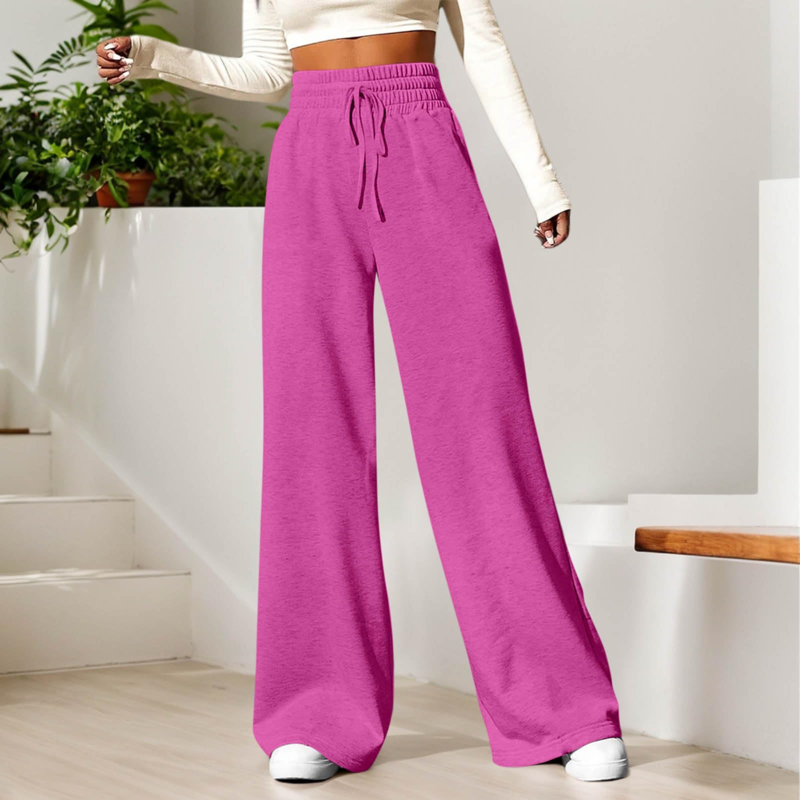 Women's Wide Leg Sweatpants - Winter Warm Baggy Straight Leg Lounge Pants with Pockets, Plus Size Drawstring Flare Sweatpants for Casual Wear, Yoga, and Home Relaxation