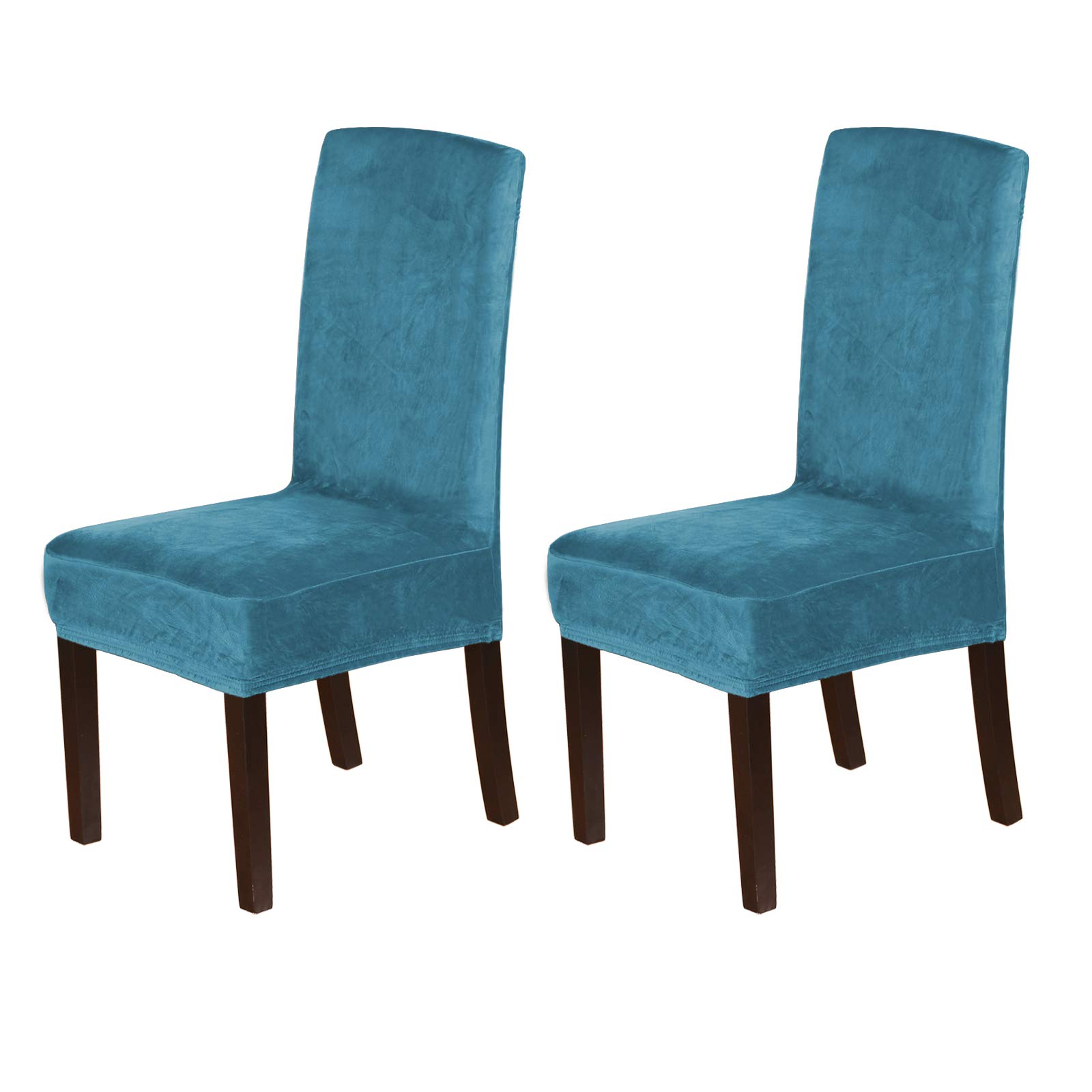 Stretch Velvet Dining Chair Covers Set of 2 - Washable Peacock Blue Slipcovers for Home & Restaurant Use