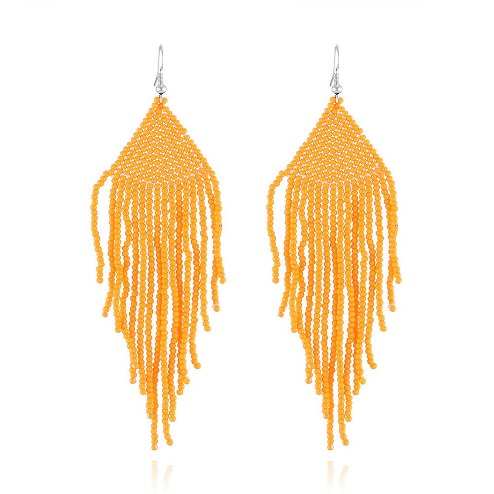 Handmade Boho Beaded Tassel Earrings for Women - Long Drop Fringe Dangle Earrings with Native Seed Beads | Perfect for Festivals, Parties and Bohemian Style Outfits