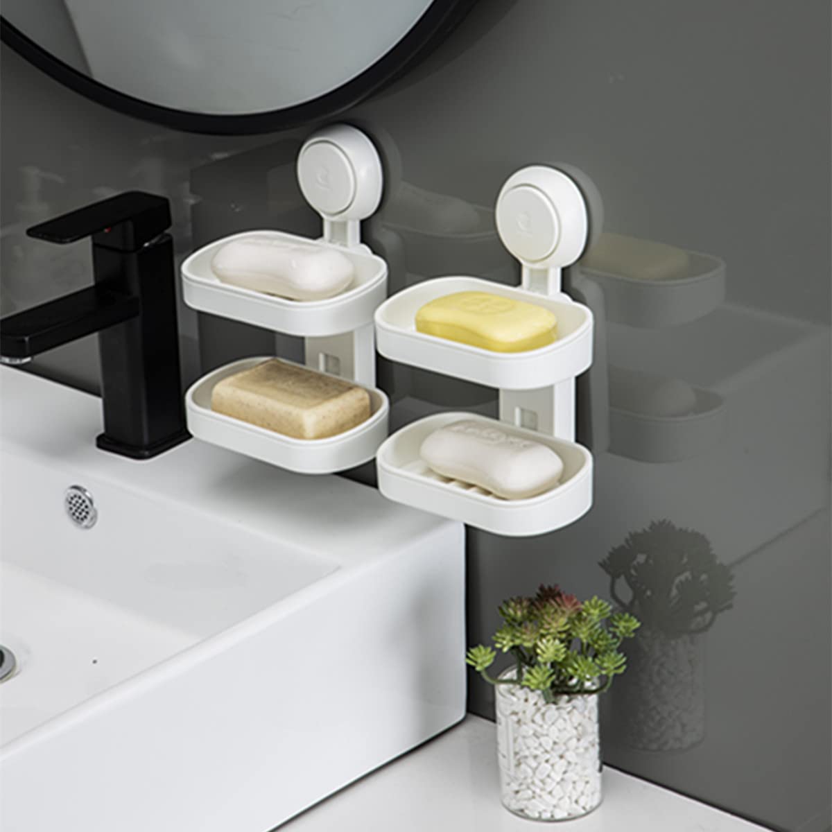 Double Layer Suction Cup Soap Dish - Waterproof Wall Mount Soap Holder for Bathroom, Shower, Kitchen Sink - No Drill Needed, Removable & Durable (White) - Perfect for Small Spaces, RV, Apartment & Dorm Use
