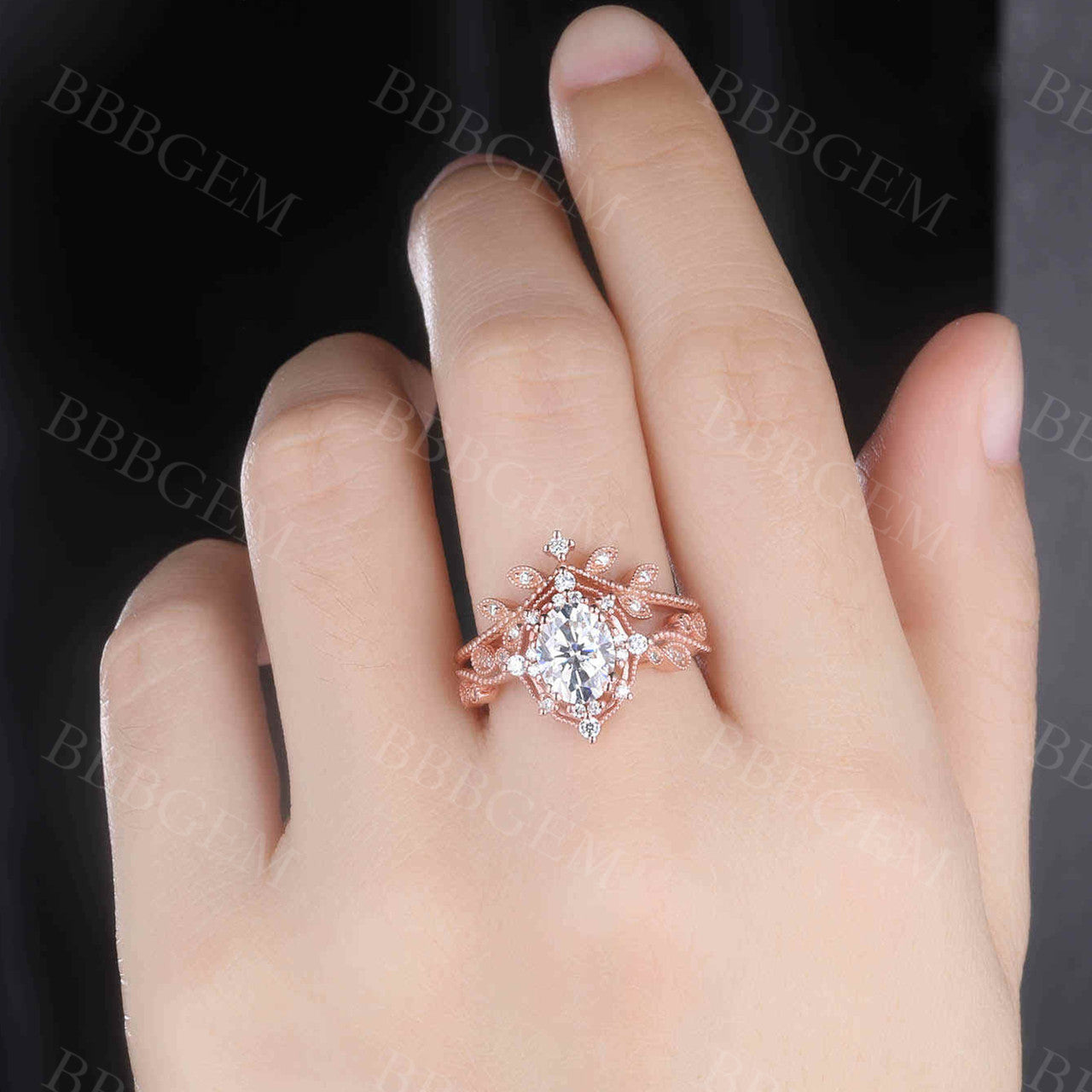 Rose Gold Oval Moissanite Engagement Ring Set with Diamond Matching Band - Art Deco Milgrain Wedding Ring for Women | Perfect for Proposals, Anniversaries & Bridal Jewelry