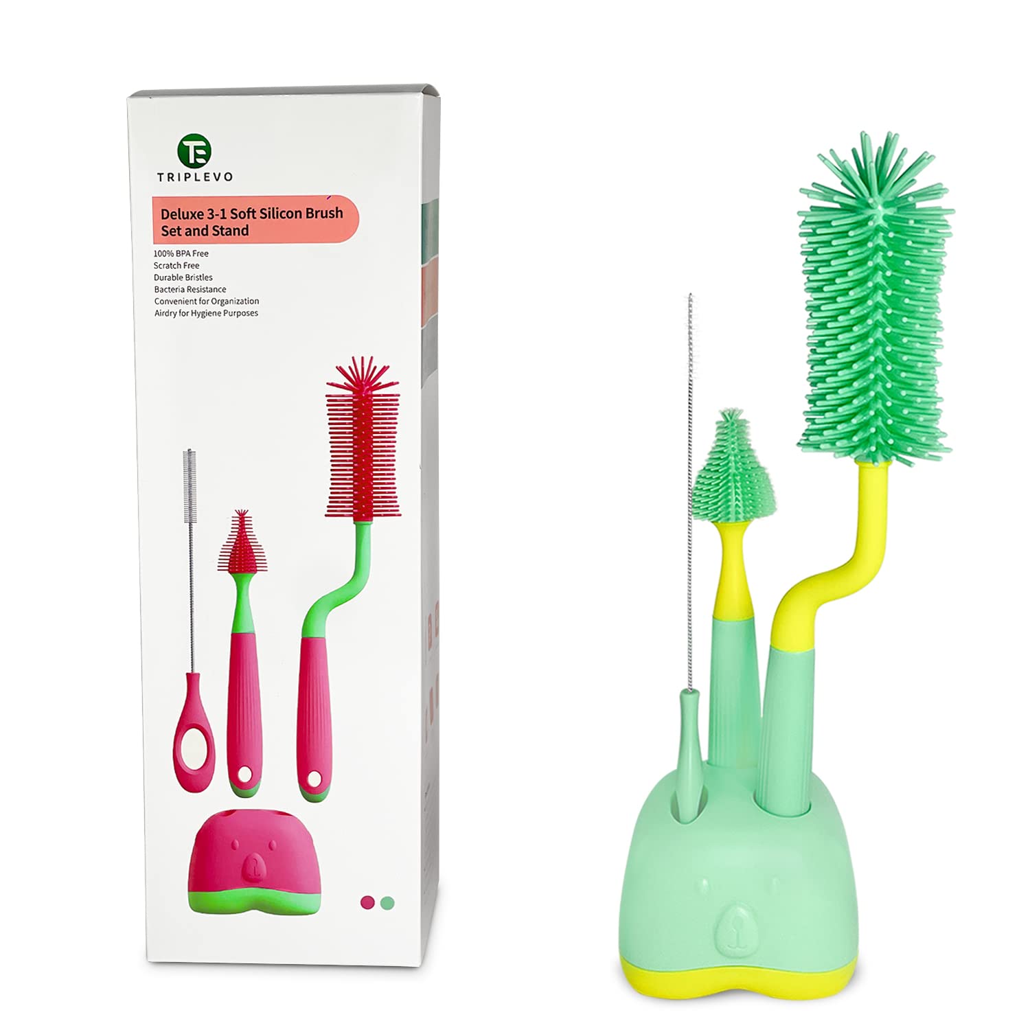 Triplevo 3-in-1 Silicone Baby Bottle Cleaning Brush Set with Stand | 360° Cleaning for Milk Bottles, Straws, Breast Pumps & Accessories | Dishwasher Safe | Mint Green | Perfect for Newborns, Travel & Daily Baby Care