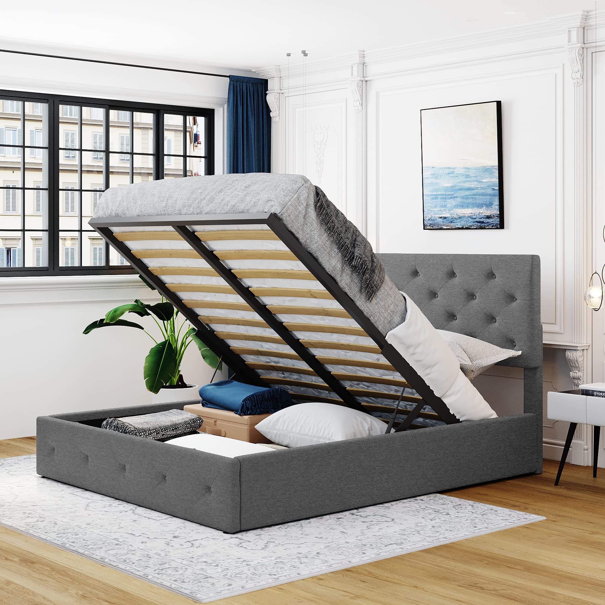Harper & Bright Designs Queen Size Upholstered Platform Bed Frame with Gas Lift Up Storage - Underbed Storage Space, Grey Fabric Upholstery - Perfect for Small Bedrooms, Guest Rooms & Apartment Living