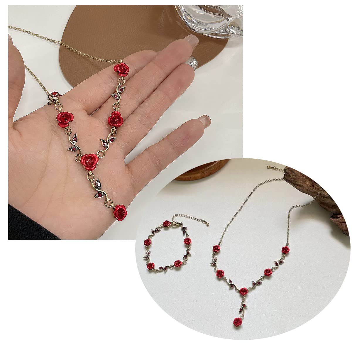 3Pcs Rose Red Jewelry Set - Flower Necklace, Dangle Earrings & Bracelet for Women | Rose Gold Bridal Jewelry for Wedding, Prom, Party & Special Occasions | Elegant Gift for Bride, Girlfriend & Loved Ones