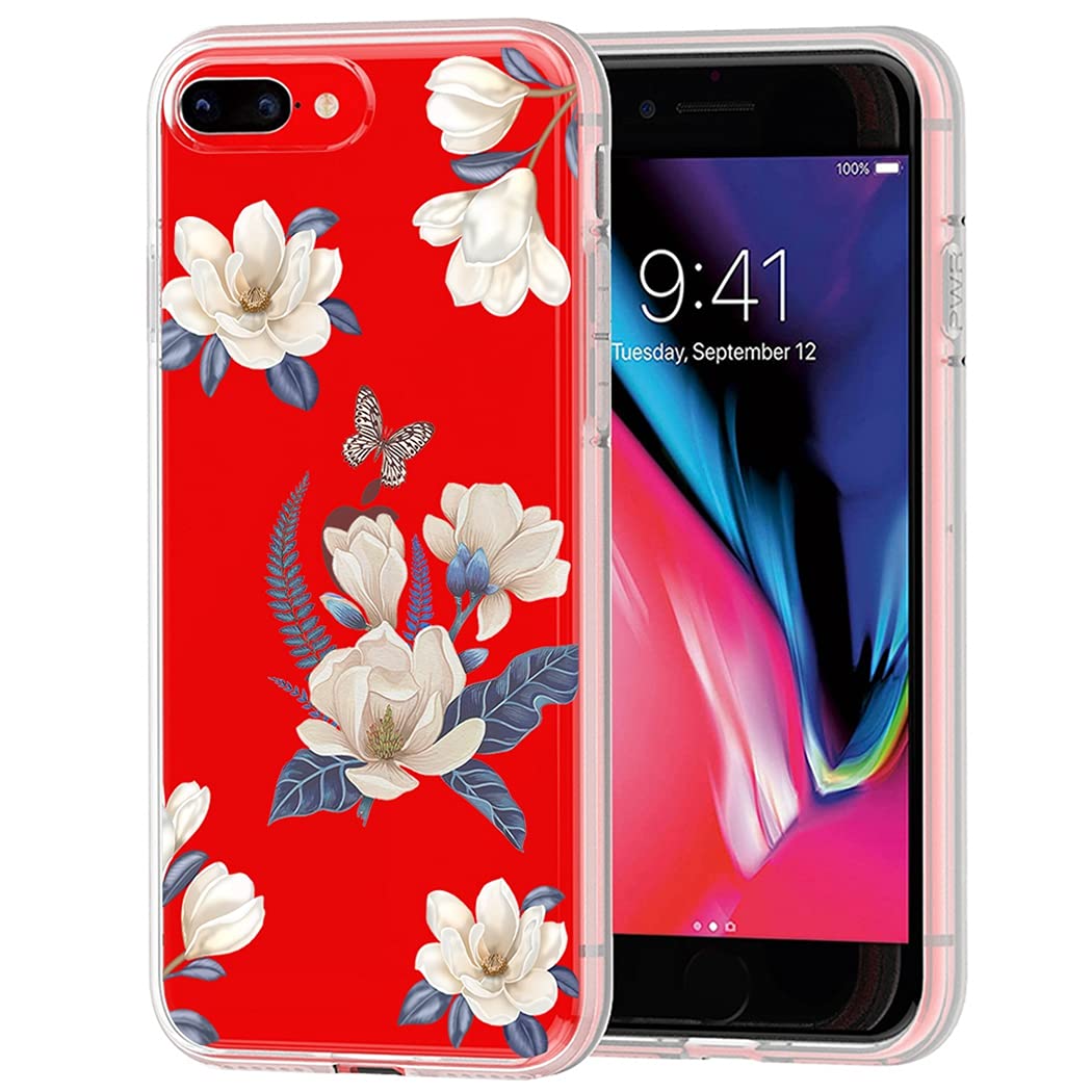Premium Cute Clear Slim Shockproof TPU Rubber Phone Case for iPhone 7 Plus/8 Plus - Floral Design Protective Cover for Women & Girls - Perfect for Everyday Use, Work & Travel (White Flower Pattern)