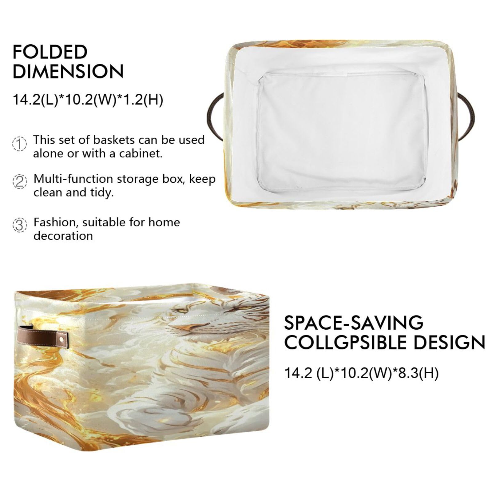 Large Foldable Storage Baskets with Handles - 2 Pack Golden Swirling White Tiger Pattern for Home Organization, Closet & Shelf Storage | Perfect for Bedroom, Bathroom & Kids Room Organization