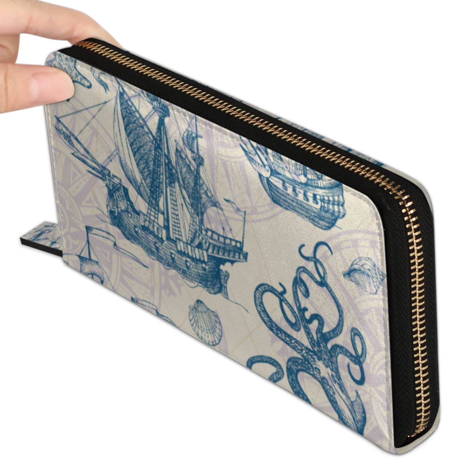 Vintage Nautical Sailboat Leather Wallet for Women - Large Credit Card Holder with Zipper Coin Purse & Phone Pocket - Slim Bifold Wallet for Everyday Use, Travel, and Gifts