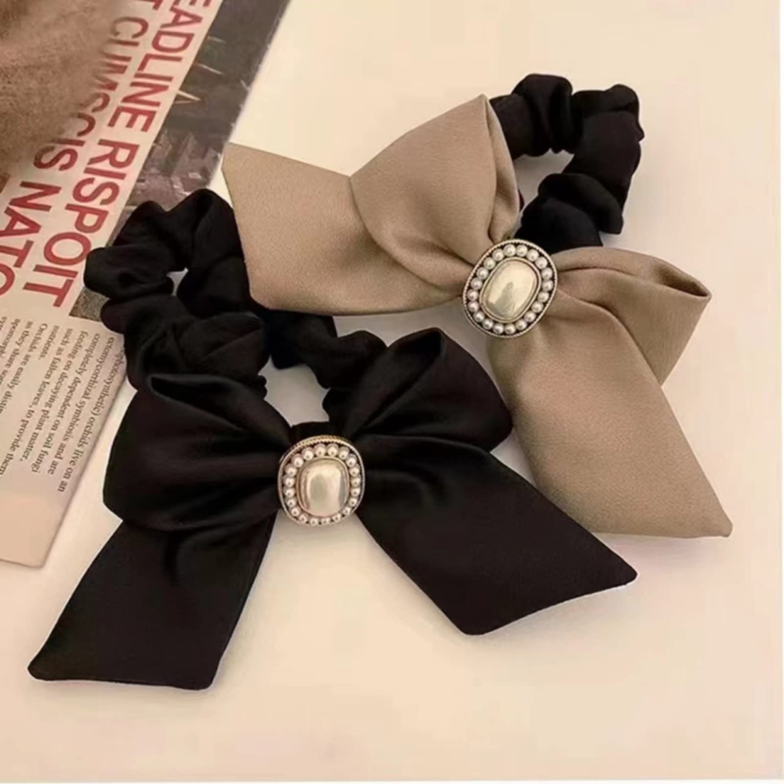 Elegant Satin Hair Scrunchies for Women - 2PCS Rhinestone Pearl Bow Hair Ties, Large Satin Hair Bands for Ponytails, Buns & Braids | Perfect for Weddings, Parties & Everyday Use