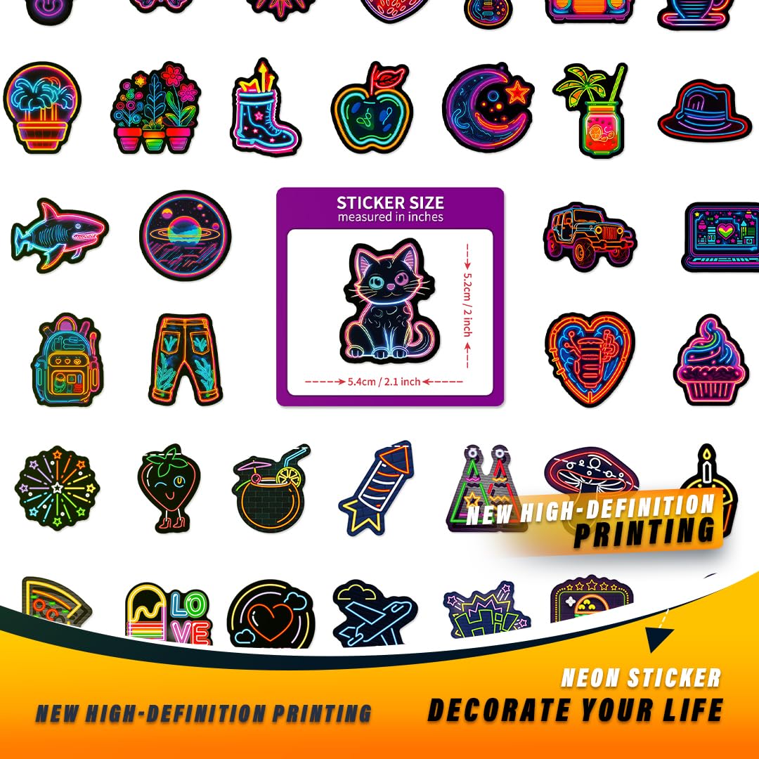 200pcs Neon Stickers - Waterproof Vinyl Decals for Water Bottles, Skateboards, Laptops, Luggage - Cool Sticker Pack for Teens, Kids & Adults - Perfect for DIY Crafts, Christmas Party Favors & Personalizing Belongings