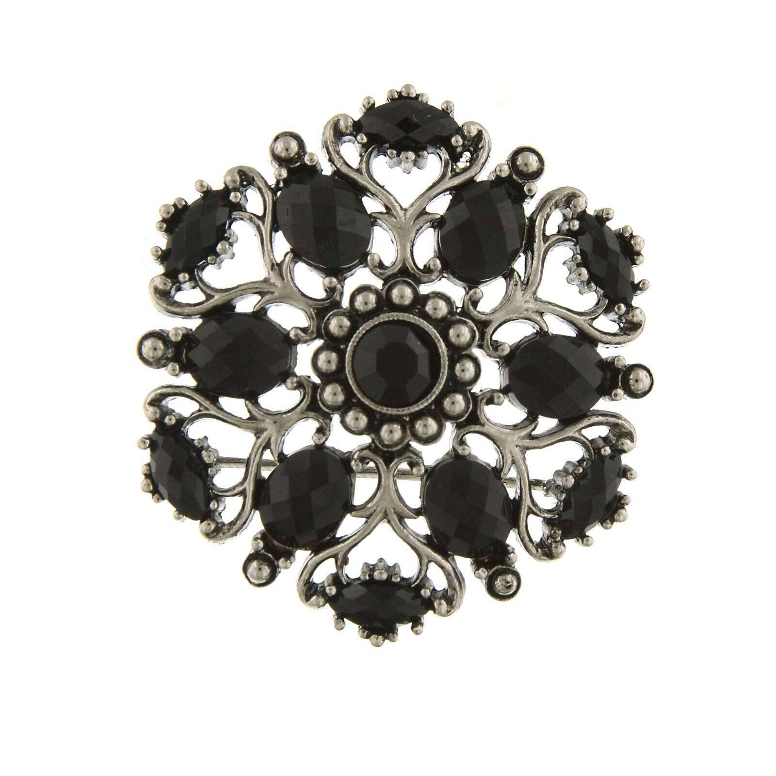 Vintage 1928 Jet Black Stone Ornate Brooch Pin - Elegant Antique Jewelry for Women, Perfect for Weddings, Parties & Special Occasions