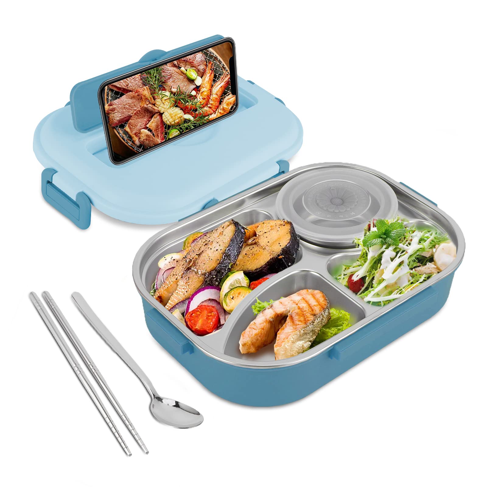 Premium Stainless Steel 4-Compartment Bento Lunch Box with Silicone Sealing Ring & Secure 4-Side Lock - Leakproof Food Container for School, Office & Outdoor (Blue) | Ideal for Meal Prep, Work Lunches & Picnics