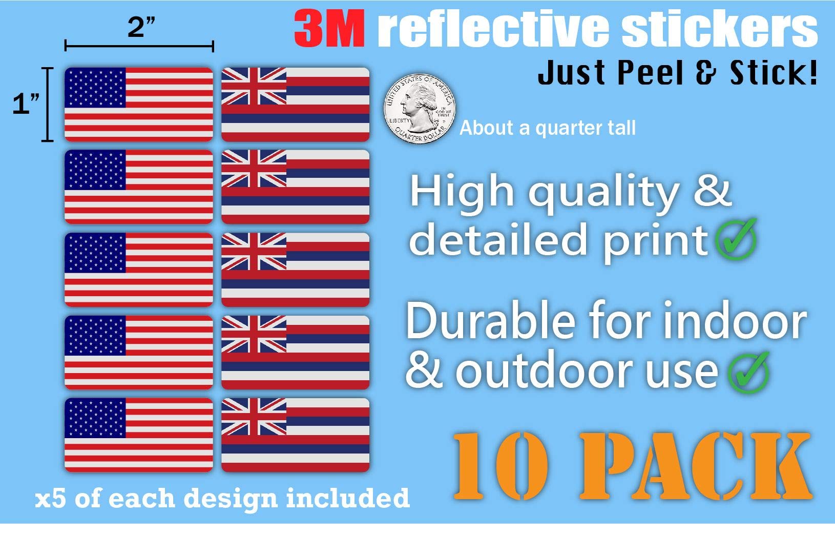 3M Reflective Hawaii & US Flag Stickers (10-Pack) - High Visibility Safety Decals for Hard Hats, Laptops, Bikes & Toolboxes - Perfect for Night Safety, Work Zones & Patriotic Decor