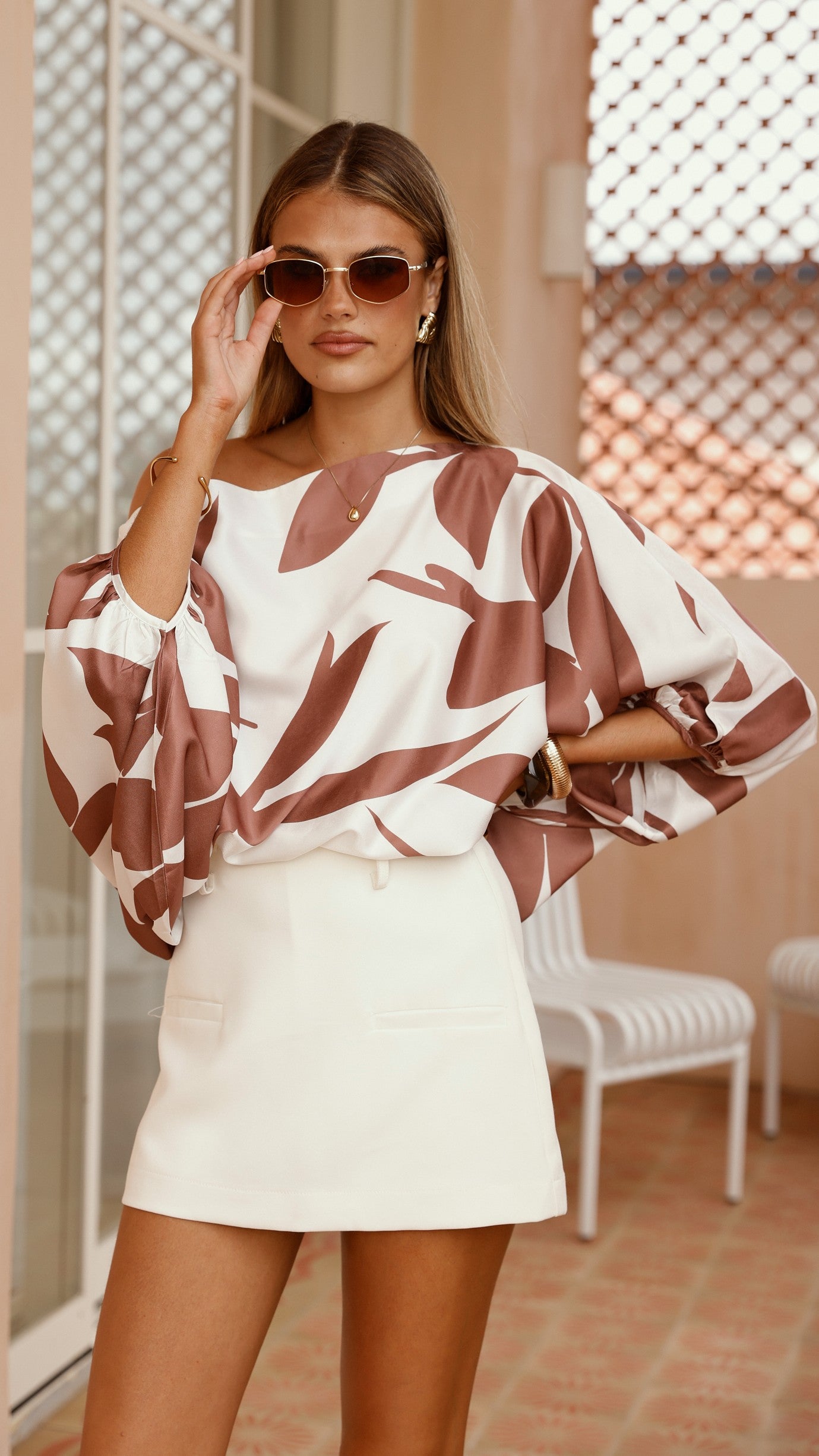Bailey Off Shoulder Top for Women - White & Brown Cotton Blouse | Perfect for Summer, Beach, and Casual Outings