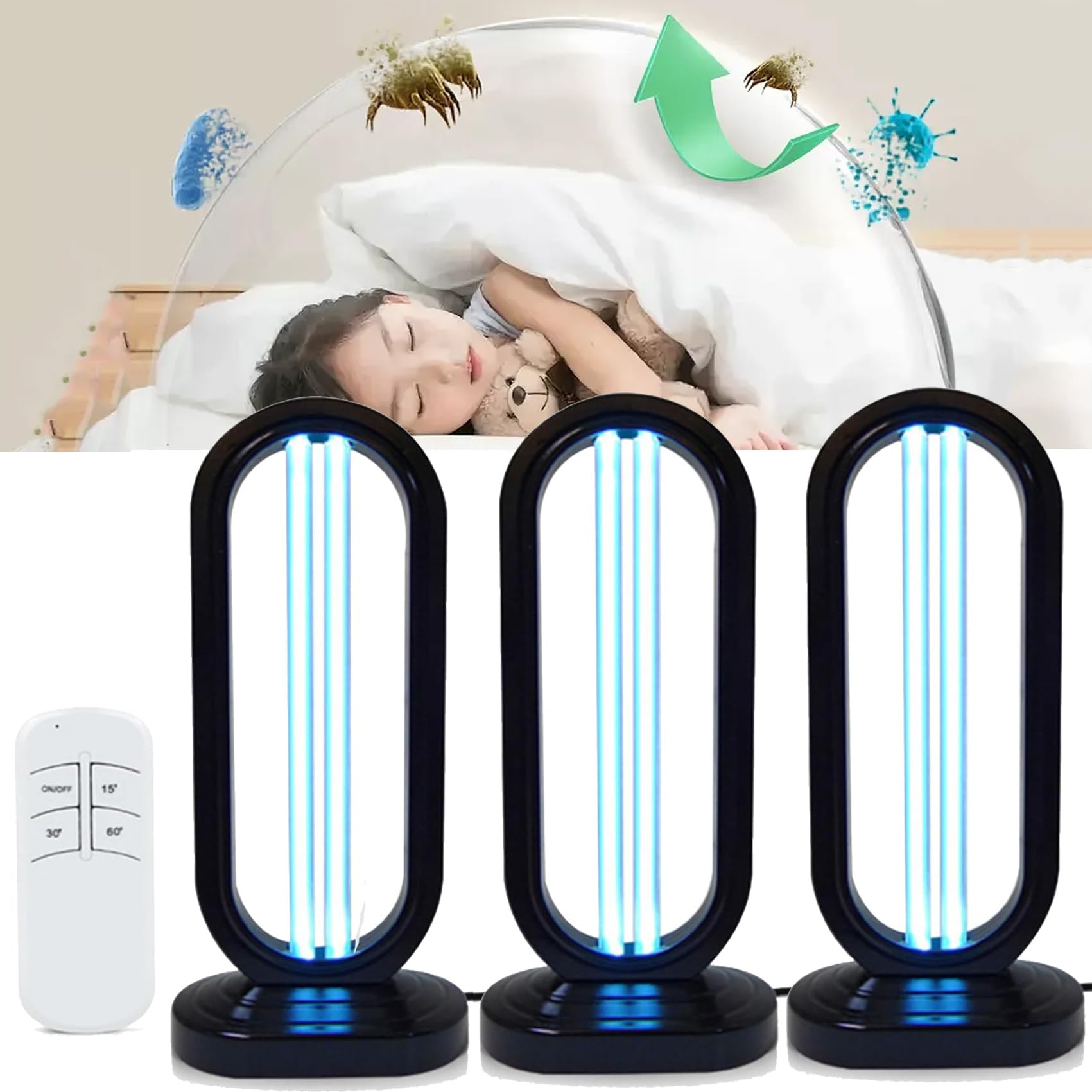 **UVLizer Uvo254 UV-C Disinfection Lamp with 3-Speed Timer & Remote Control - Covers 430 Sq Ft - Ideal for Home, School & Office Sanitization (3-Pack)**
