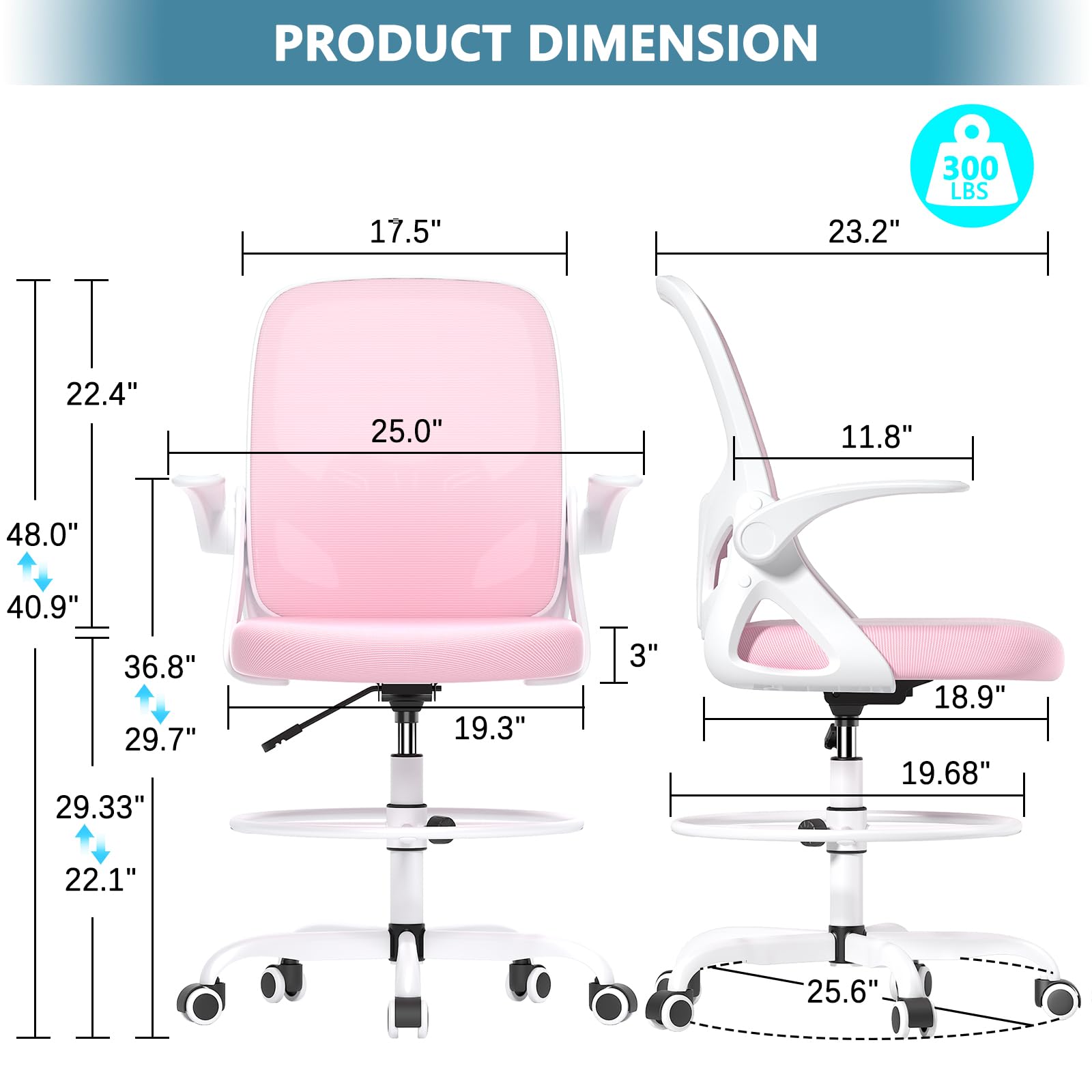 Ergonomic Tall Drafting Chair with Footrest Ring - Adjustable Height Office Chair with Flip-Up Arms & Lumbar Support for Home & Work - Perfect for Architects, Designers & Extended Computer Use (Pink)