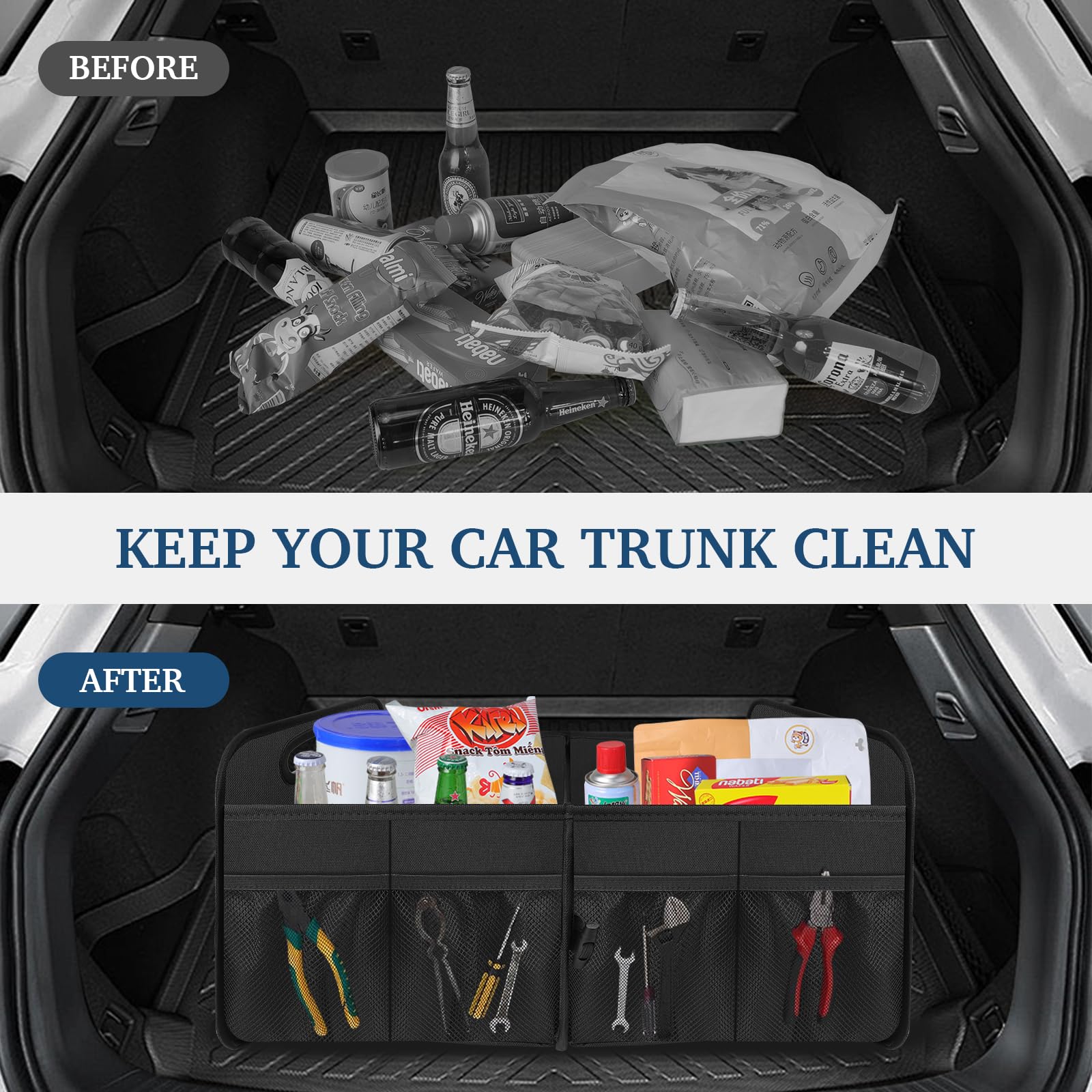 Femuar Large Capacity Waterproof Collapsible Car Trunk Organizer for SUV/Jeep/Sedan – Durable Black Storage Solution for Travel, Groceries, and Sports Gear