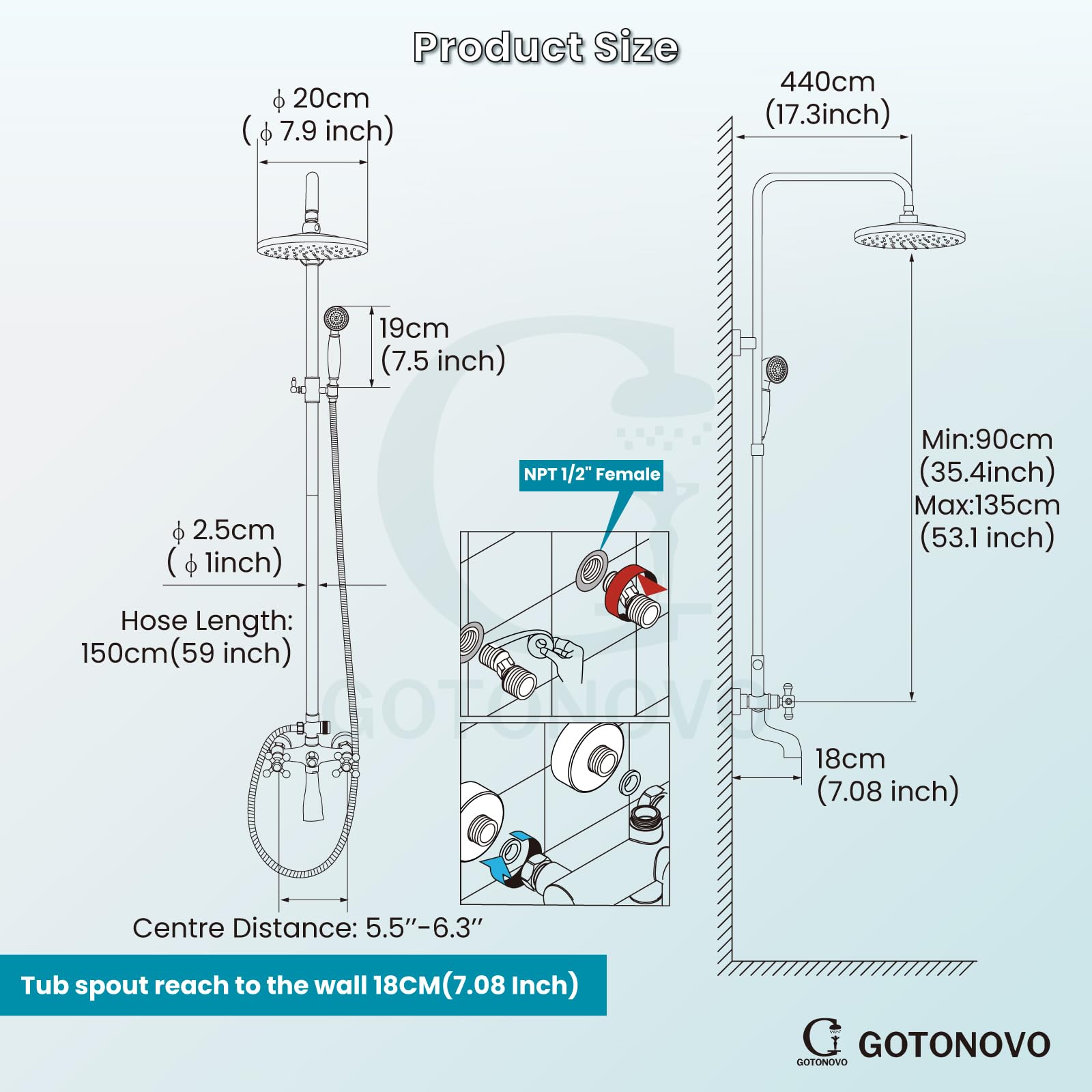 Gotonovo 8 Inch Exposed Shower Faucet Set - 3-Function Rainfall Showerhead with Tub Spout & Cross Handles - Brushed Nickel Shower System for Bathroom Remodel & Spa Experience