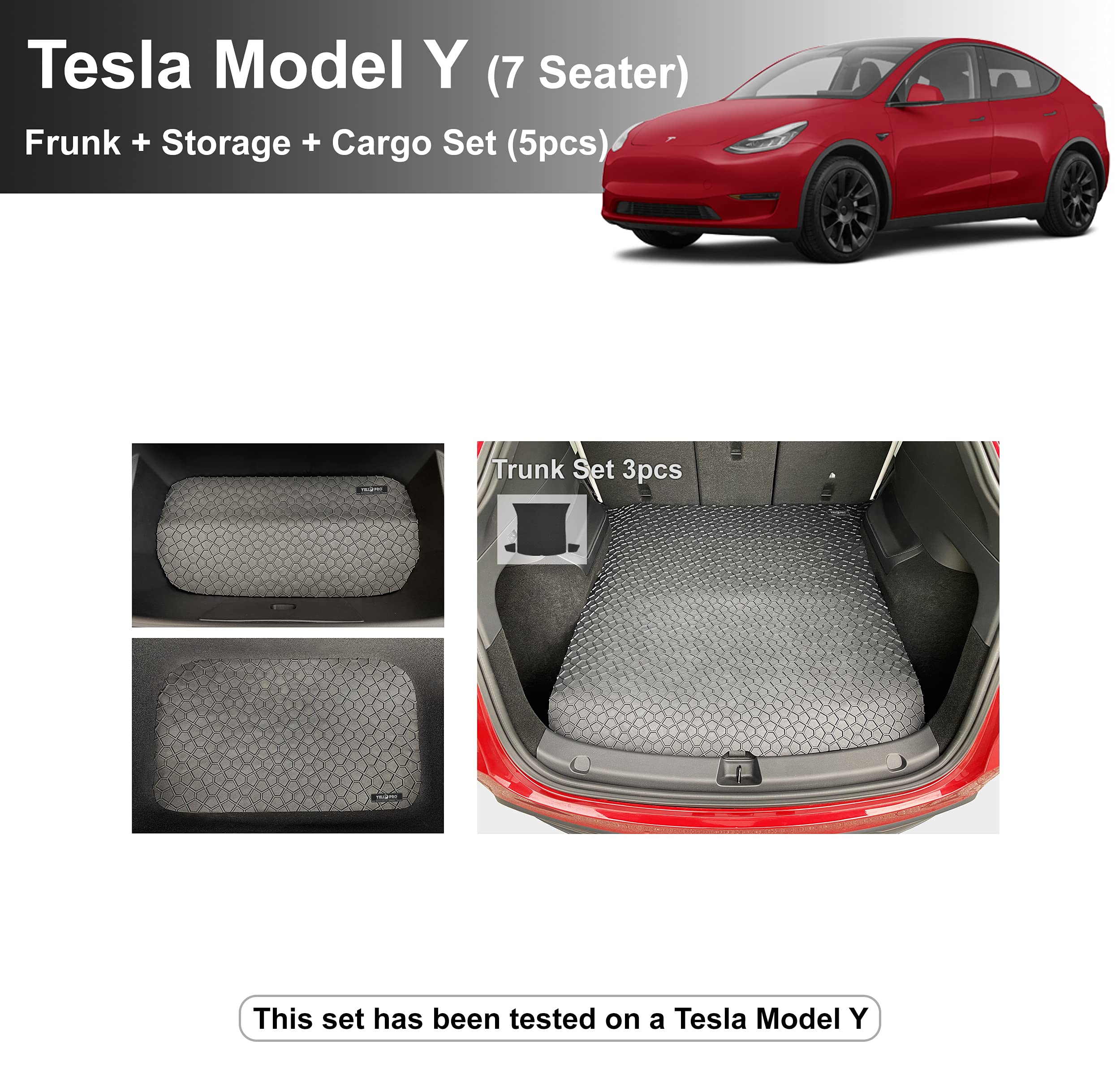 YelloPro Custom Fit Heavy Duty Car Frunk, Storage & Trunk Mats (5-Piece Set) - Waterproof All-Weather Accessories for 2021-2022 Tesla Model Y 7-Seater - Durable Black Rubber Floor Mats Made in USA | Perfect for Road Trips, Daily Commutes & Outdoor Adventures