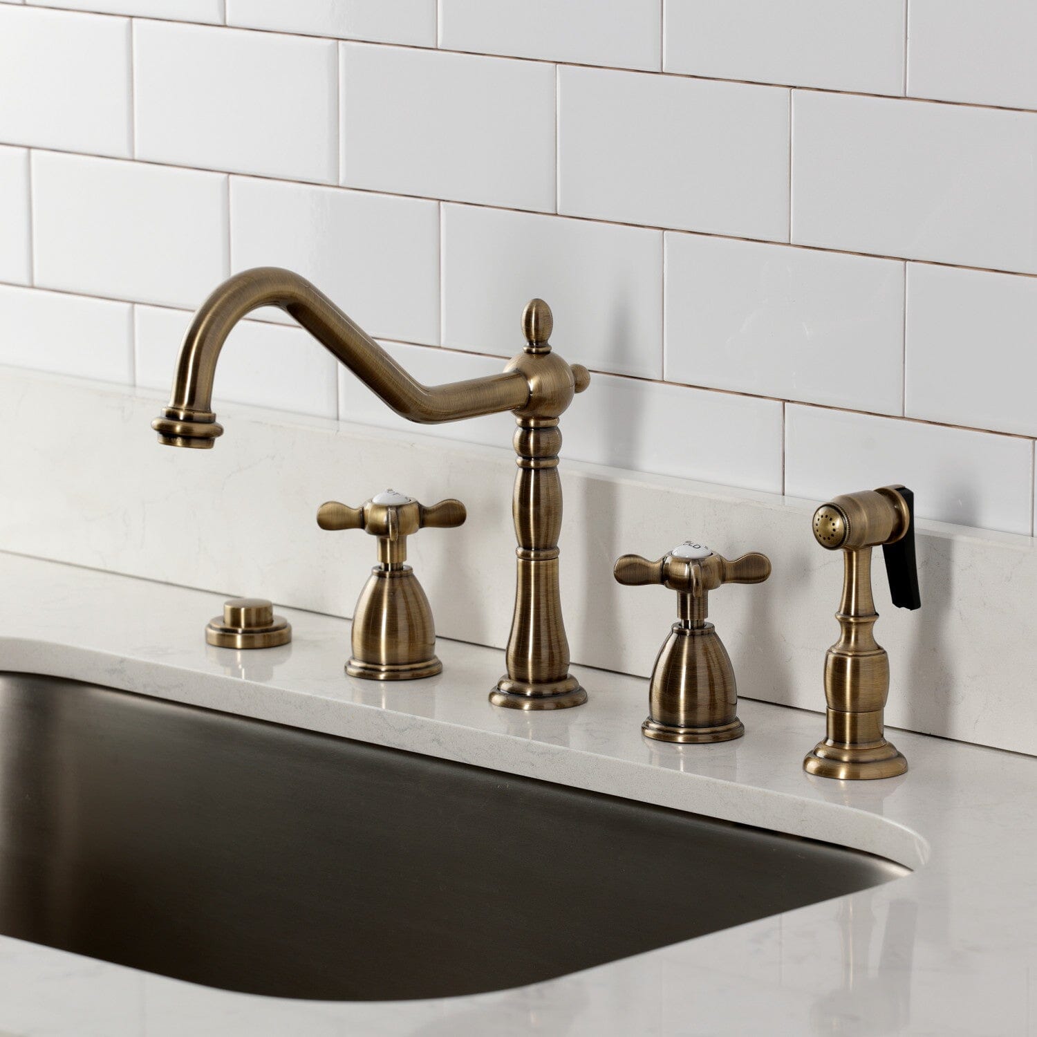 Essex Double Handle 4-Hole Widespread Kitchen Faucet with Brass Sprayer - Modern Brushed Nickel Finish for Farmhouse & Contemporary Kitchens