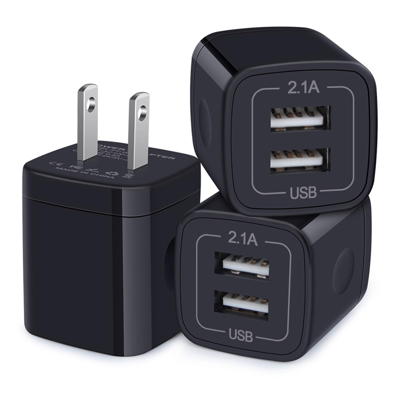3-Pack 2.4A Dual Port USB Wall Charger Fast Charging Block - Compact Cube Power Adapter for iPhone 16/15/14/13/12/11 Pro Max/XS/XR/X/8/7, iPad, Samsung Galaxy S24/S23, Google Pixel, Moto - Perfect for Home, Office & Travel Charging