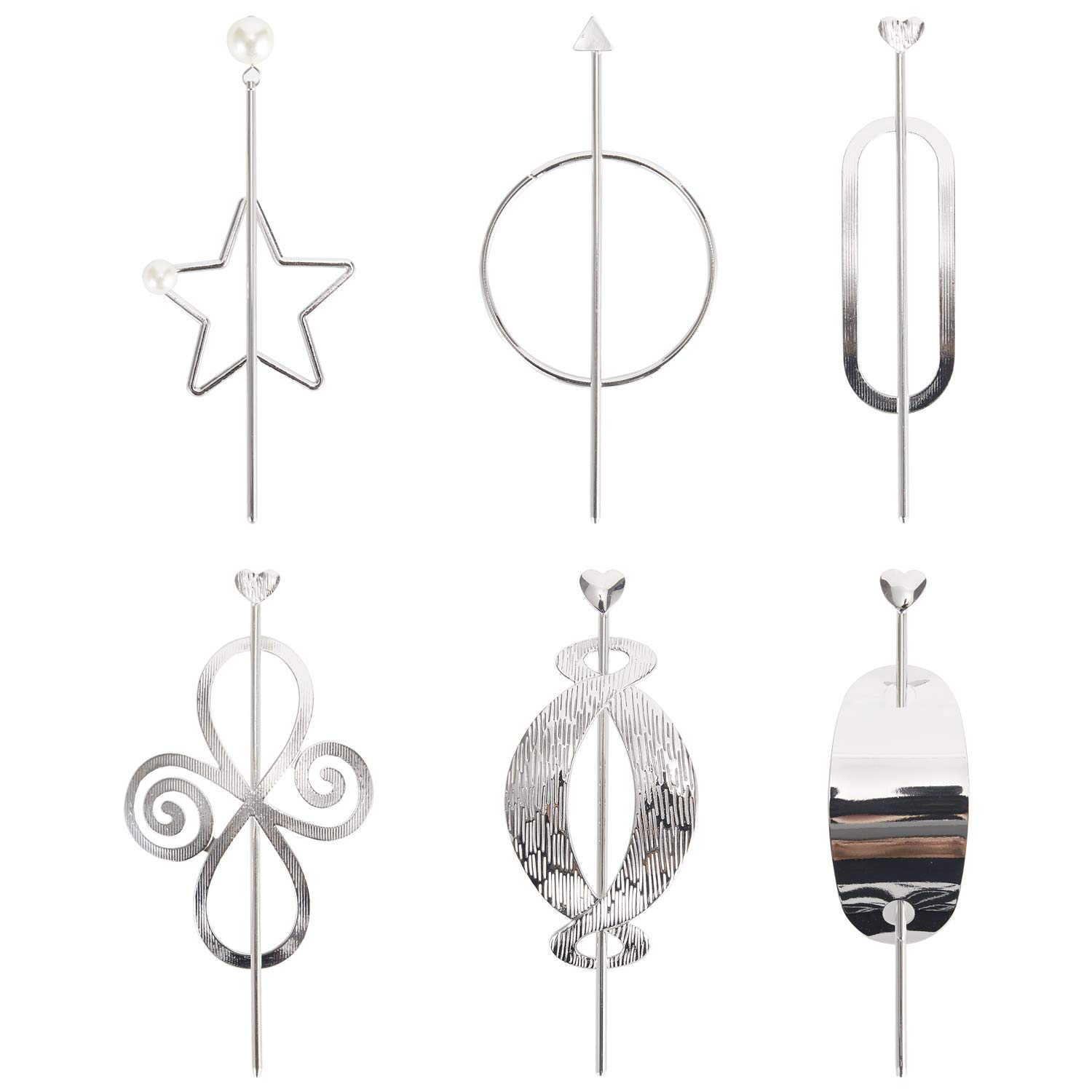 6 Pack Vintage Retro Silver Hair Sticks - Decorative Metal Hairpins, Shawl Pins & Hair Forks for Buns, Chignons & Updos | Elegant Star Hollow Design Hair Accessories for Weddings, Parties & Everyday Styling