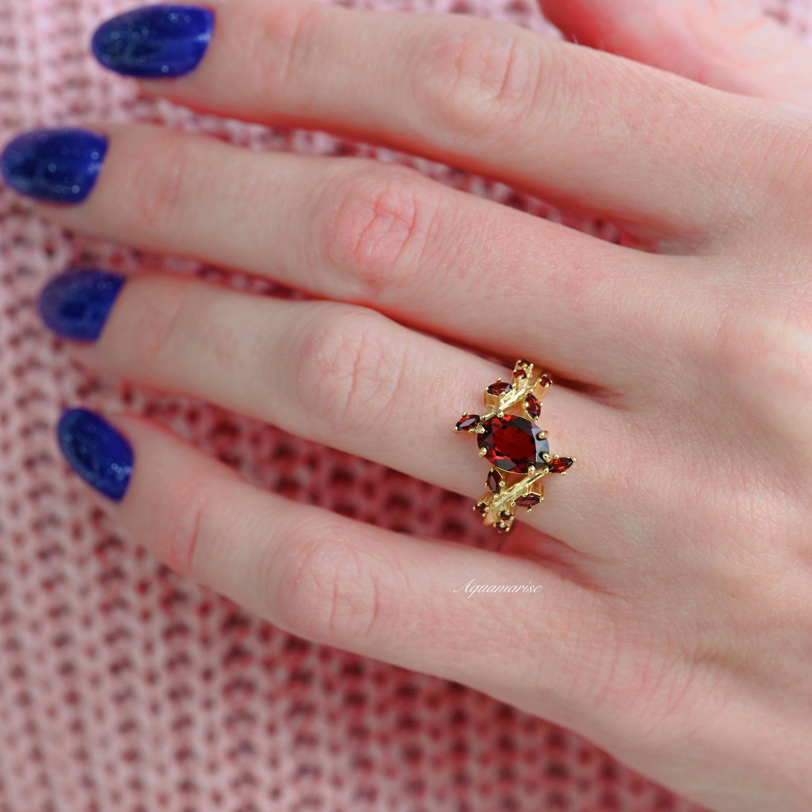 Natural Red Garnet Leaf Ring - 14K Yellow Gold Vermeil for Women | Elegant Bohemian Jewelry for Everyday Wear & Special Occasions