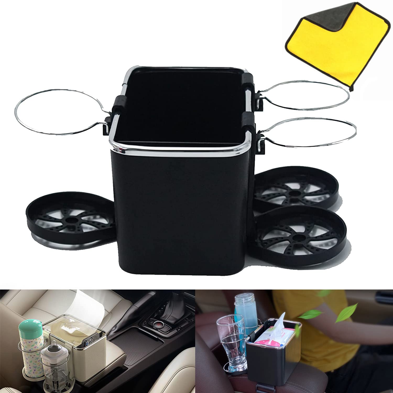 Upgraded Foldable Car Armrest Storage Box with 3 Cup Holders, Towel Rack & Phone Slot - Multifunctional Console Side Organizer for Water Bottles, Paper Towels & Cellphones (Black) | Perfect for Road Trips, Daily Commutes & Family Travel