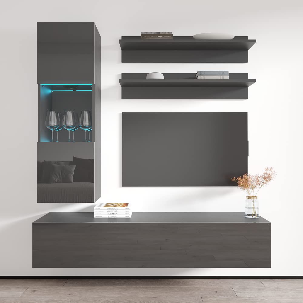 Modern Wall-Mounted TV Stand with Storage Shelves & LED Lights - H30 Entertainment Center Console for Living Room & Bedroom - Space-Saving Gray TV Cabinet (Perfect for Small Apartments & Home Theater Setups)