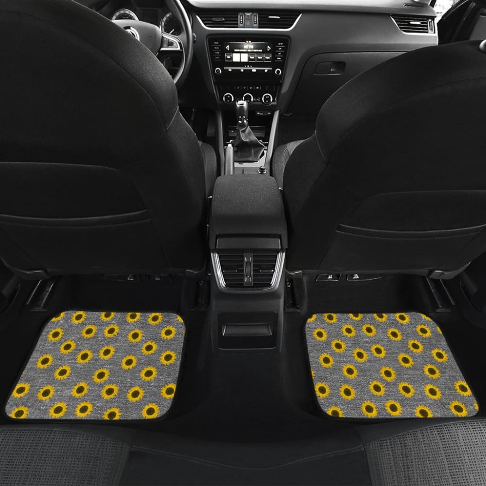 Premium Sunflower Pattern Gray Burlap Car Floor Mats - Non-Slip, Durable & Stylish for SUVs, Sedans & Trucks - Perfect for Road Trips & Daily Commutes