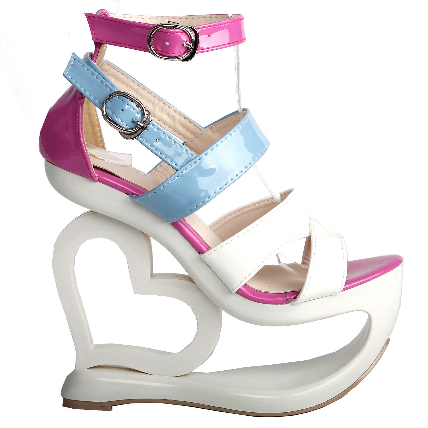 SHOW STORY Women's Fashion Strappy Heart Heel Wedge Sandals - White, Pink, Blue for Wedding, Party & Summer Outfits | Comfortable LF40203 Bridal Shoes for Beach, Date Night & Special Occasions