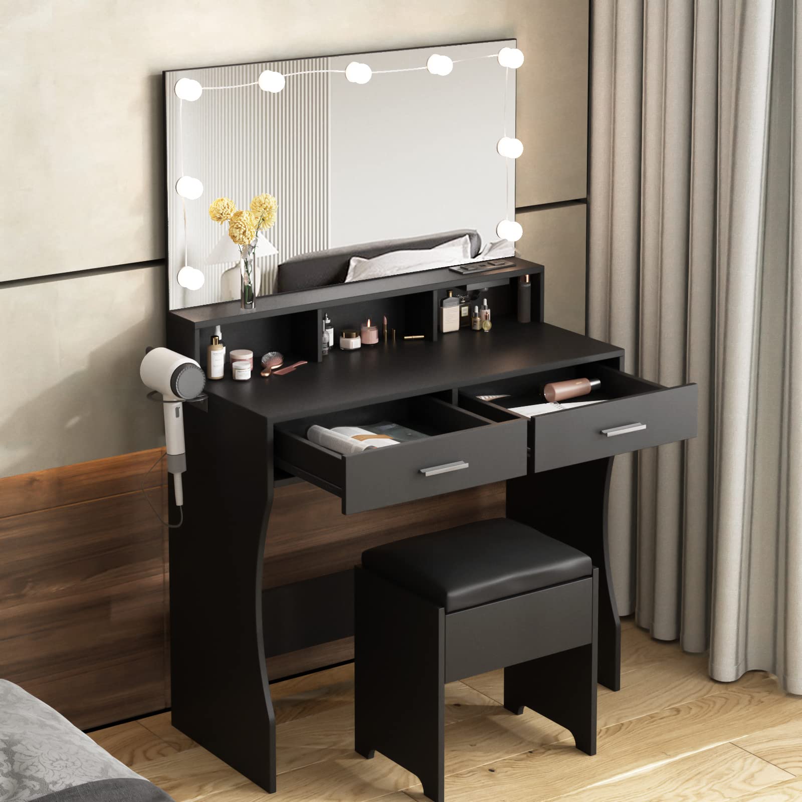 Vabches Makeup Vanity with LED Lighted Mirror & Power Outlet - Adjustable Brightness, 3 Lighting Colors, White Vanity Desk Set (31.5