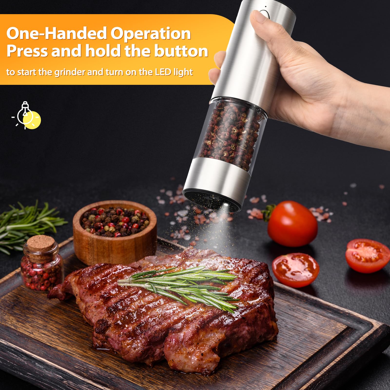 Upgraded Rechargeable Electric Salt and Pepper Grinder Set - 2 Pack Stainless Steel Mills with LED Light, Adjustable Coarseness & One-Hand Operation - Large Capacity Spice Grinders with Storage Base - Perfect for Kitchen, Dining Table, Camping & Gifts (Silver)