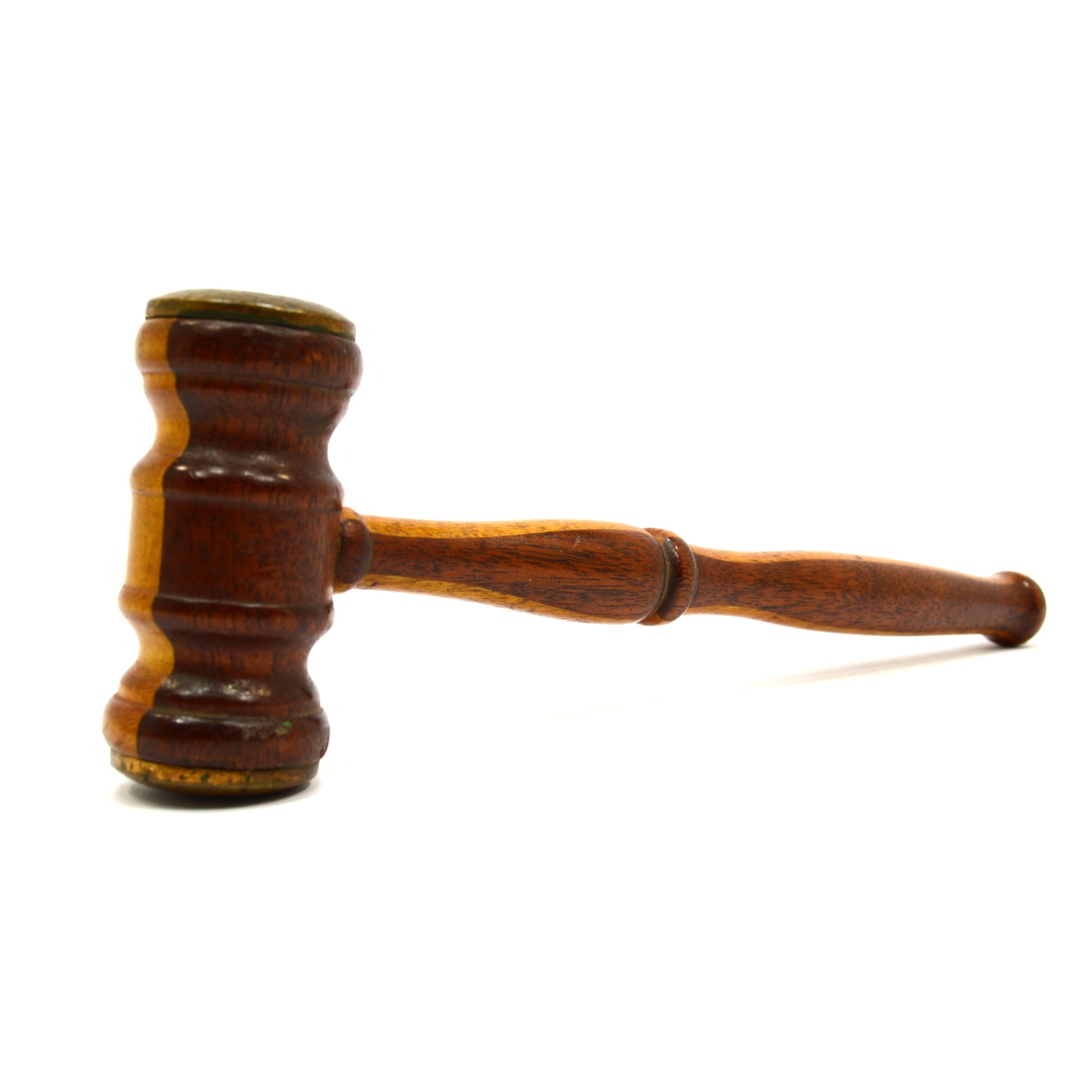 Antique 2-Tone Turned Hardwood Gavel - Mahogany & Oak with Brass Face Plates | Beautiful Courtroom & Auction Hammer for Judges, Collectors & Legal Professionals