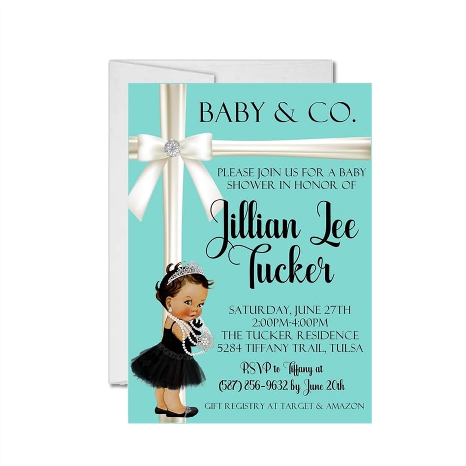 Tiffany Baby & Co Baby Shower Invitations - Elegant Breakfast-Themed Aqua and White Baby Shower Cards with Cute Character Design | Perfect for Gender Reveal Parties, Newborn Celebrations & Bridal Showers
