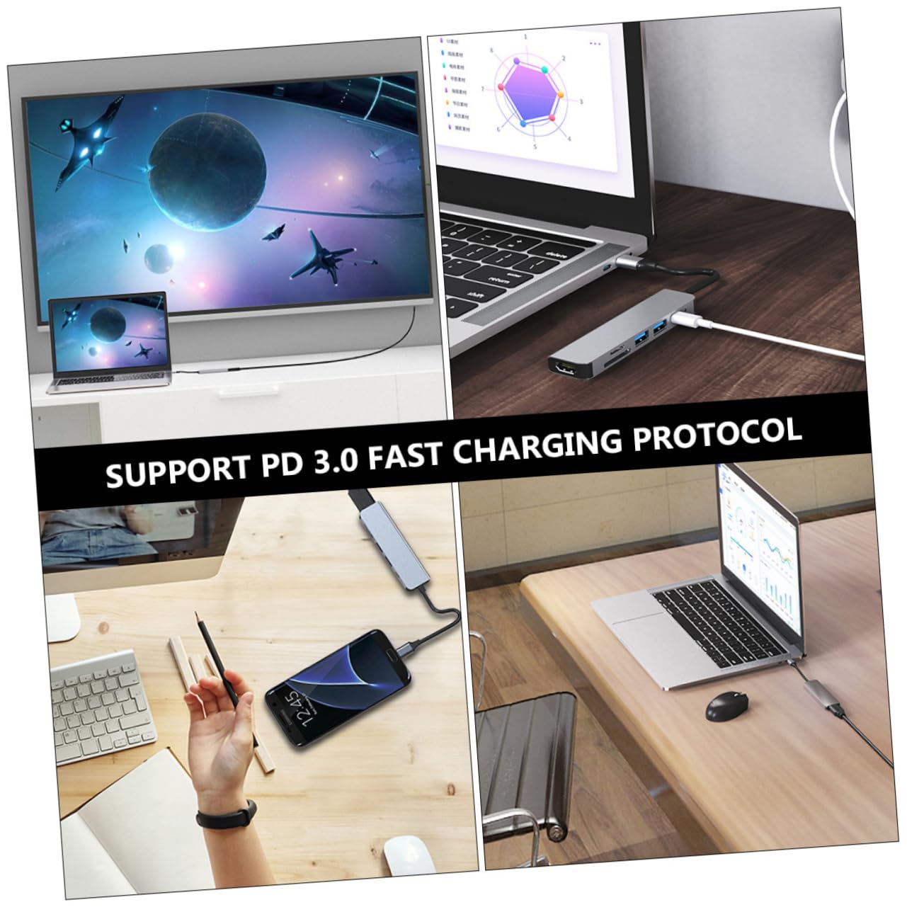 HOMSFOU 3-in-1 USB C Hub with 6 Ports - Aluminum USB C Docking Station, USB 3.0 Data Hub, Card Reader & Charging Adapter - Perfect for MacBook, Laptop, PC & Mobile Devices