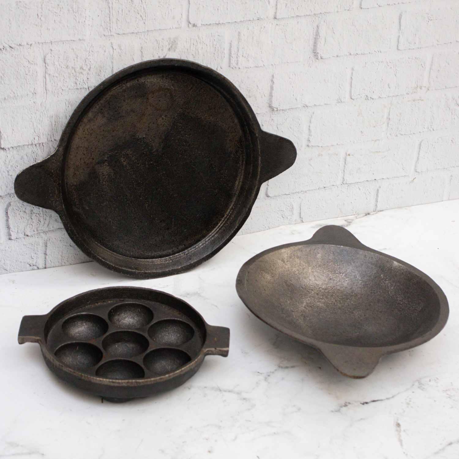 Cast Iron Combo Set - Kuzhipaniyaram Pan, Appachatti & Raised Edge Skillet for Indian Cooking | Perfect for Making Kuzhipaniyaram, Appam & Dosa | Durable Non-Stick Pans for Stovetop & Oven Use