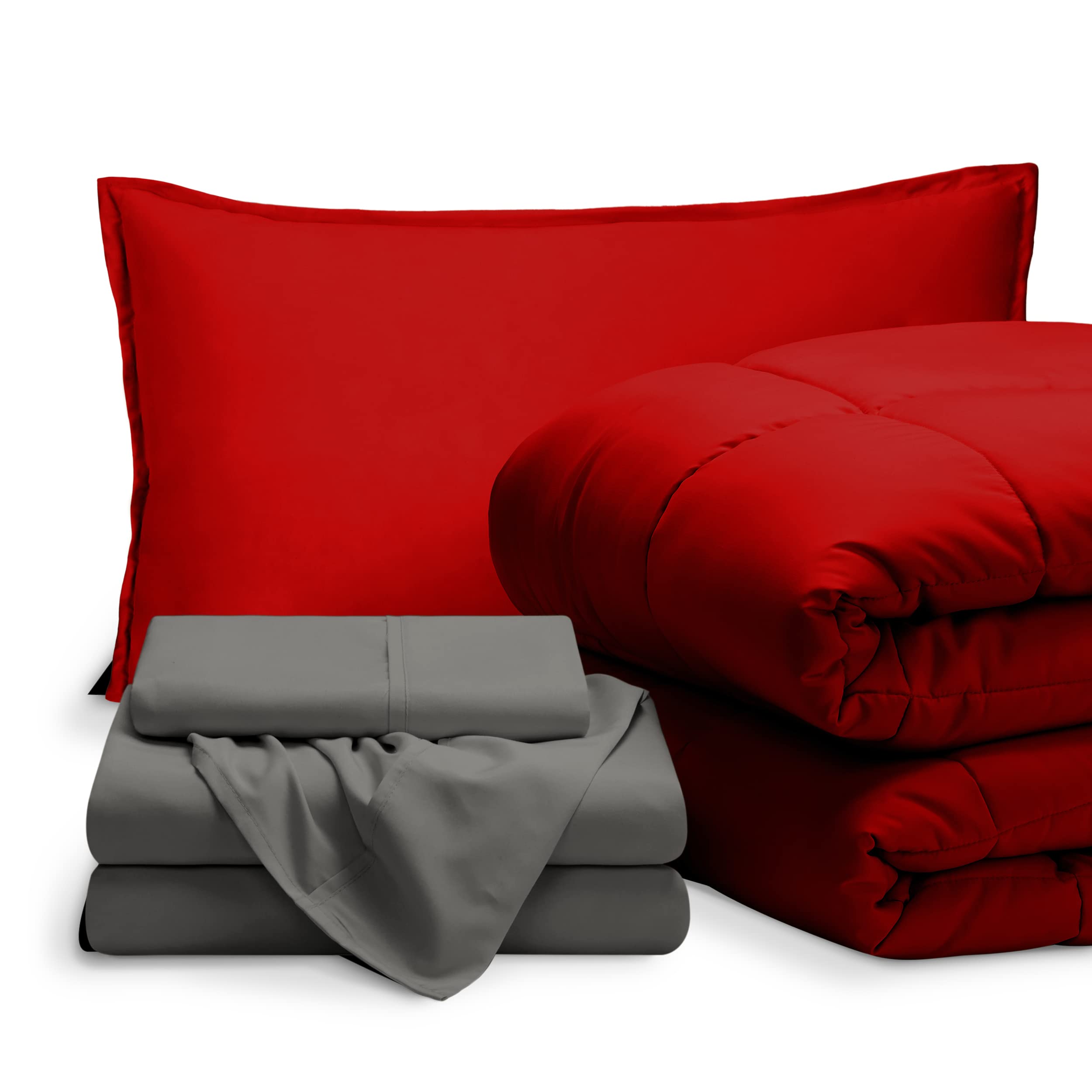 Bare Home 5-Piece Bed-in-A-Bag Comforter Set with Sheets - Twin XL Size, Goose Down Alternative, Ultra-Soft 1800 Thread Count Premium Bedding - Red & Grey - Perfect for Dorms, Guest Rooms & Cozy Bedrooms