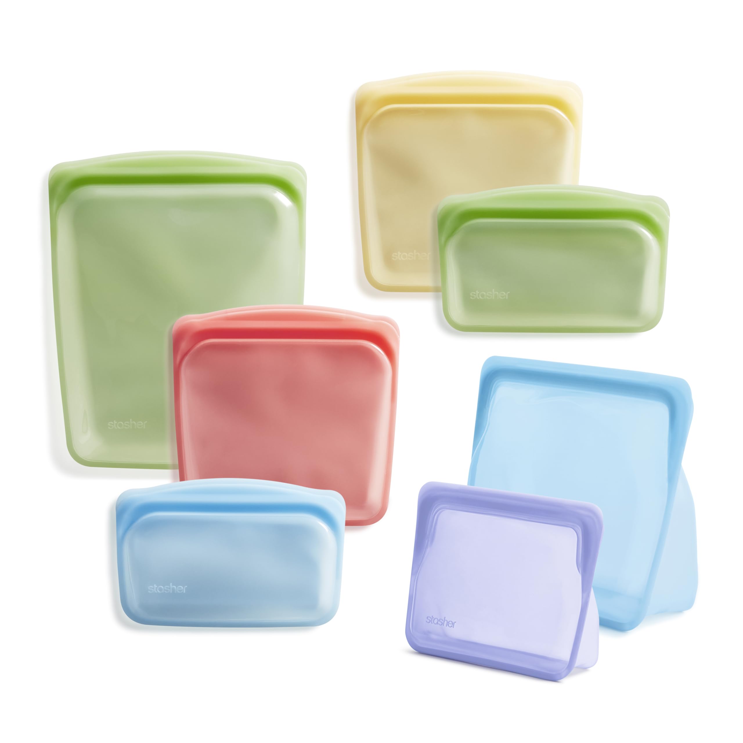 Stasher Premium Silicone Reusable Food Storage Bags 7-Pack Rainbow | BPA Free, Leakproof, Dishwasher Safe Eco-Friendly Food Containers | Perfect for Meal Prep, School Lunch, Travel & Camping | Sandwich Bags, Snack Storage & Freezer Safe