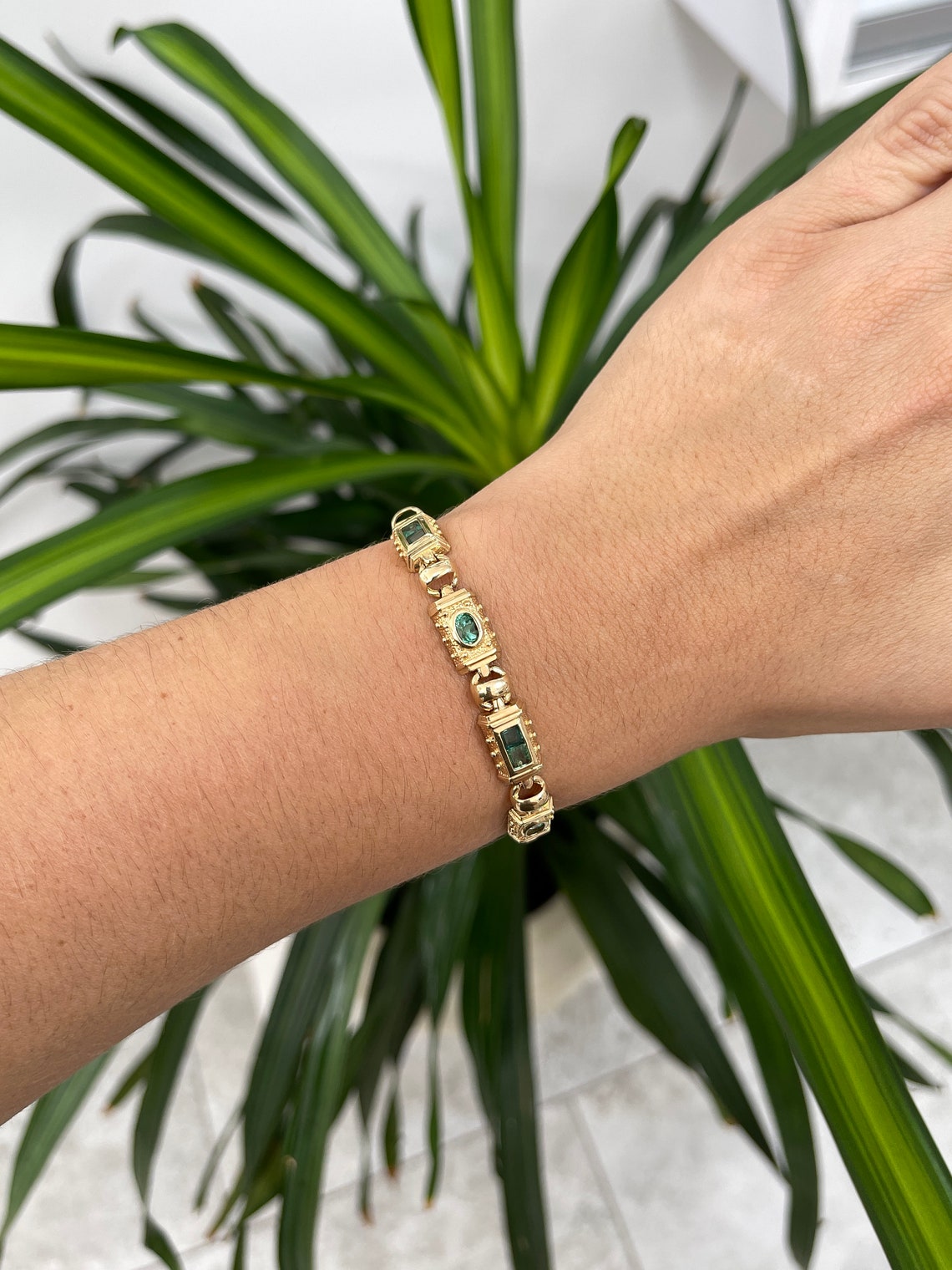 4.90tcw 14K Natural Multi Gemstone Emerald Asscher & Oval Cut Gold Bracelet for Women - Elegant Jewelry Gift for Birthday, Anniversary & Special Occasions