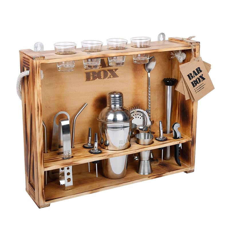 19-Piece Cocktail Shaker Set with Wood Stand - Professional Bartender Kit & Home Bar Accessories - Includes Wine Opener, Mixing Tools & Drinkware - Perfect for Home Bars, Parties & Cocktail Making