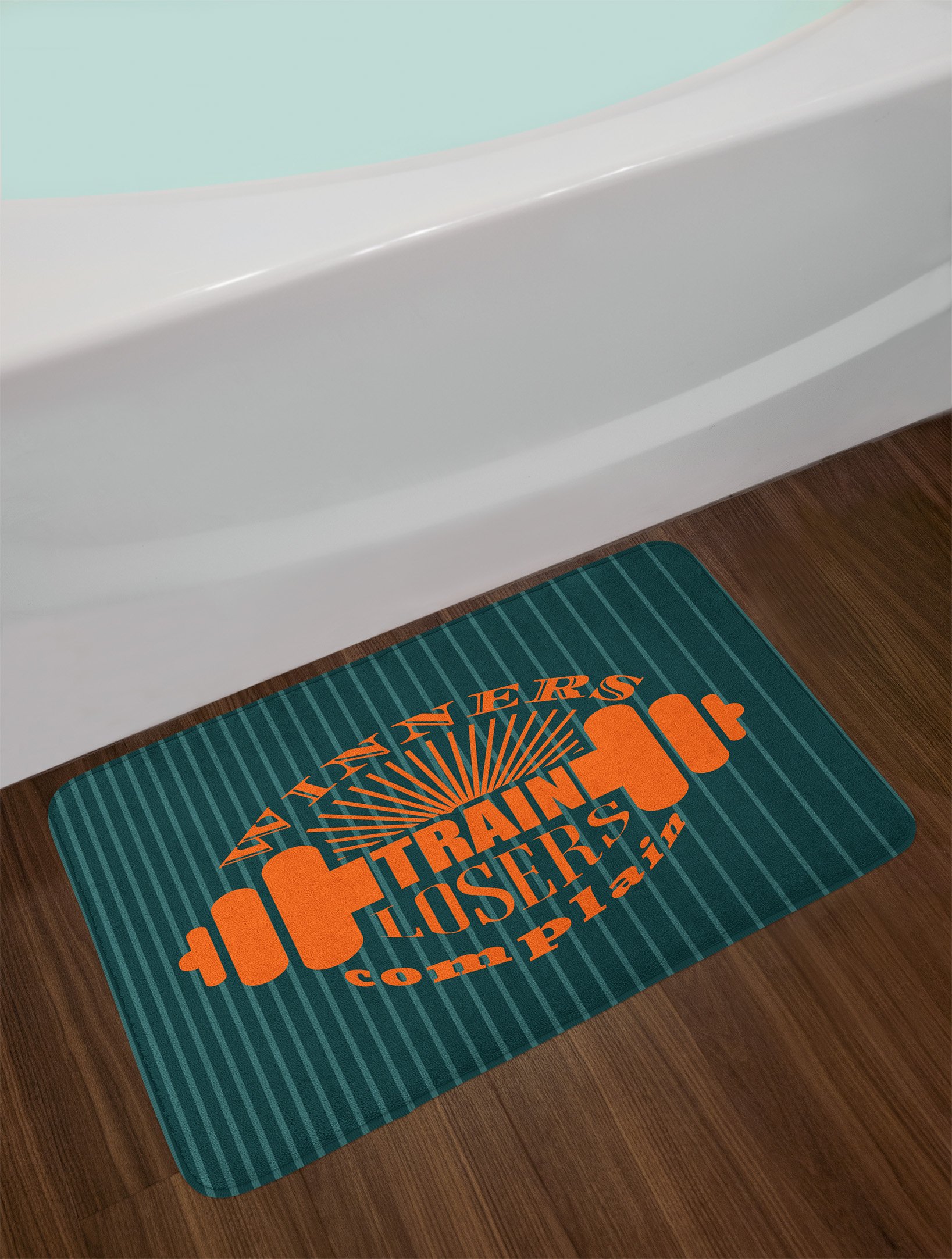 Ambesonne Non-Slip Plush Fitness Bath Mat with Dumbbell & Motivational Quote Design - 30.2 x 20 Inches, Petrol Blue Teal Orange - Perfect for Gym Bathrooms, Home Workout Spaces & Bodybuilding Enthusiasts