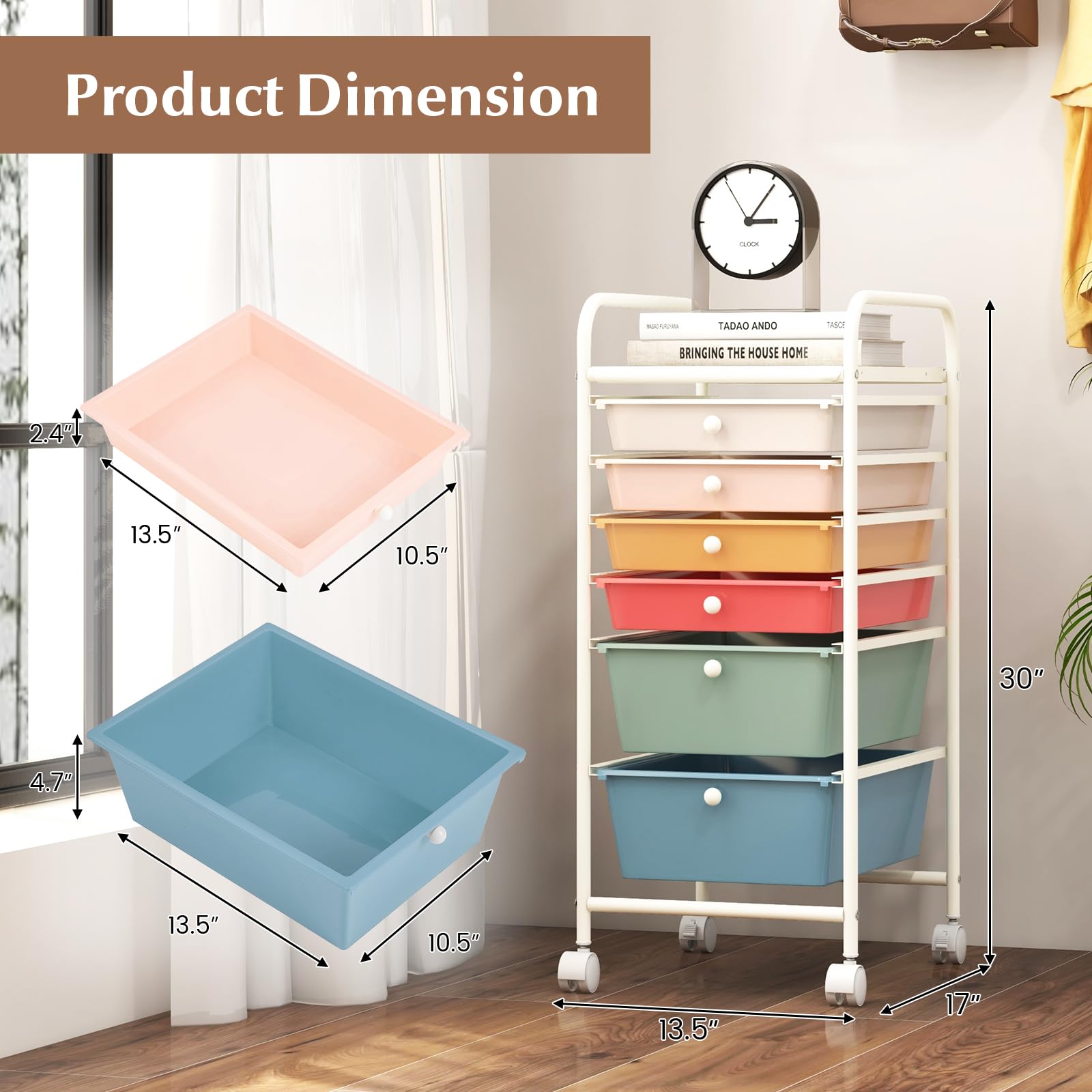RELAX4LIFE 6-Drawer Rolling Storage Cart with Removable Plastic Bins - Mobile Utility Organizer for Classroom, Office, Craft Room & Home | Rolling Art Supply Cart, School Paper Organizer, Teacher Storage Cart (Macaron) - Perfect for School Projects, Office Supplies & Home Organization