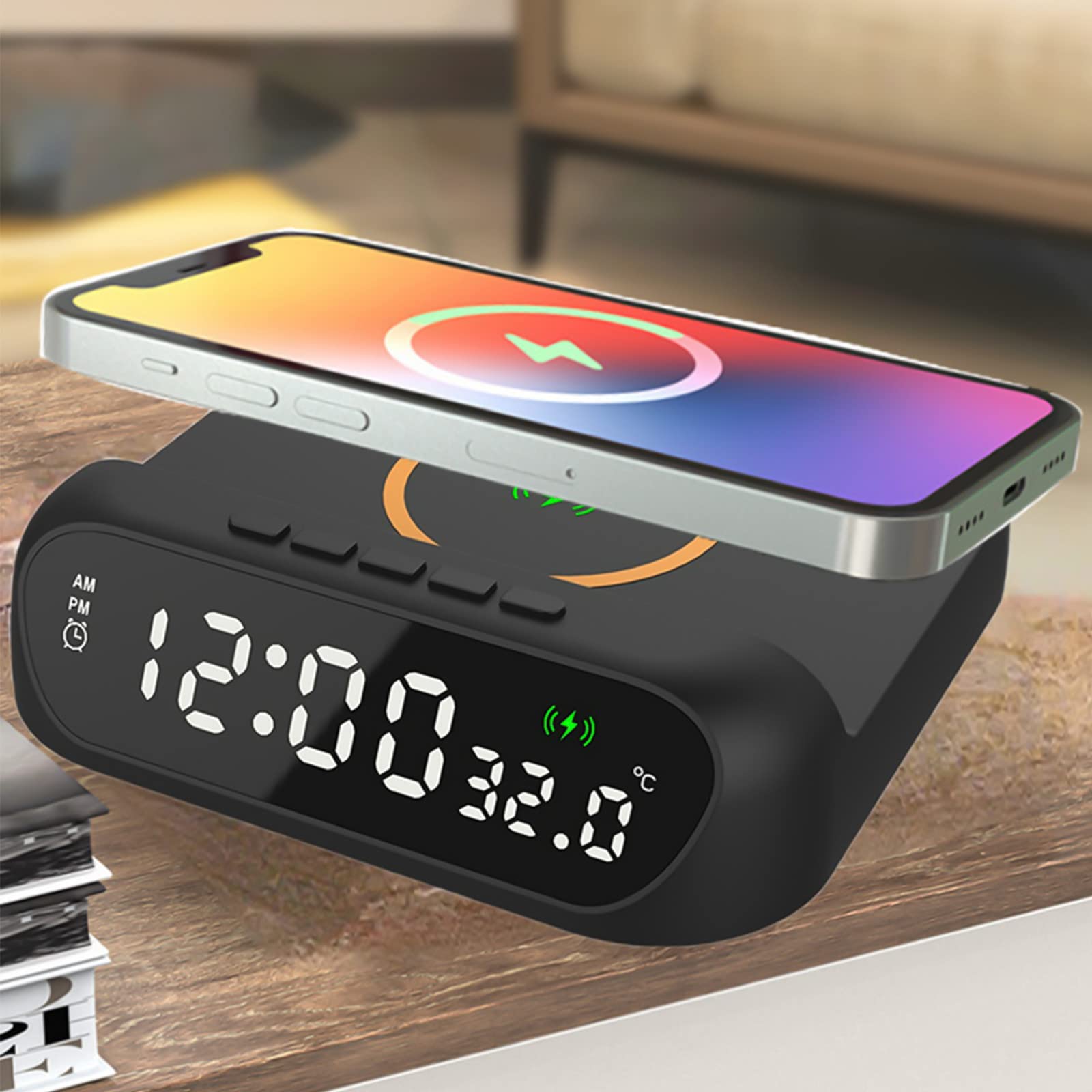 3-in-1 15W Fast Wireless Charger with LED Digital Alarm Clock & Temperature Display - Nightstand Charging Station for iPhone, Samsung, AirPods - Perfect for Bedroom, Office, Travel