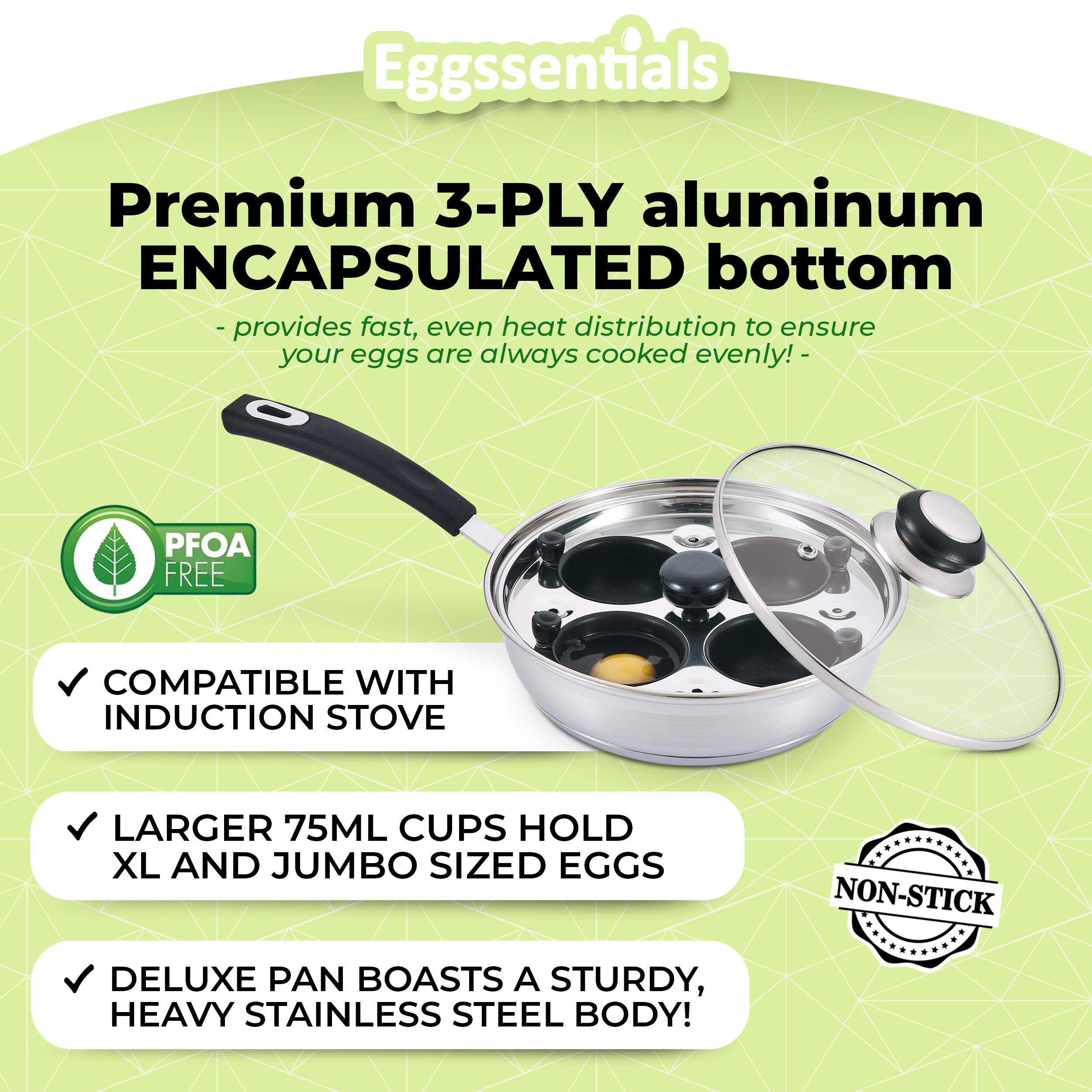 Stainless Steel Egg Poacher Pan - Non-Toxic PFOA Free Egg Cooker with Spatula for Perfect Poached Eggs | Breakfast Cooking Essential | Ideal for Home Kitchen, Camping & Healthy Meal Prep